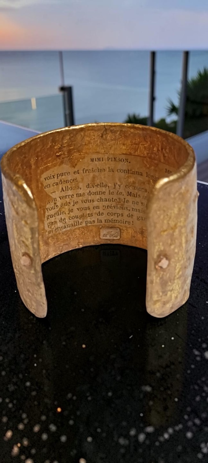 Rare Brigitte Ross Gold Hammered Literary Cuff Bracelet Alfred De Musset French