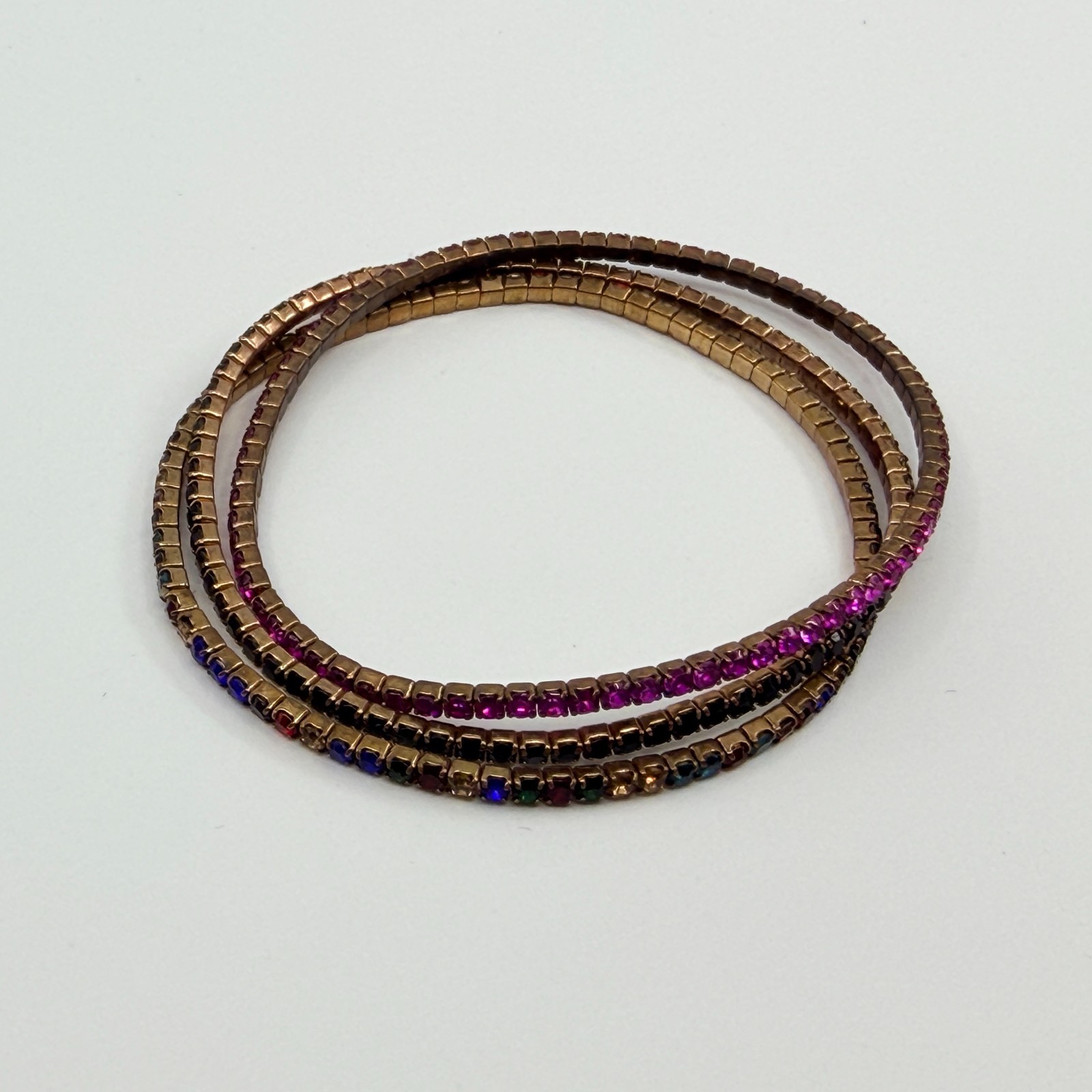 Vintage Bronze Tone Multi Color Rhinestone Stackable Stretch Bracelet Set 3 90s