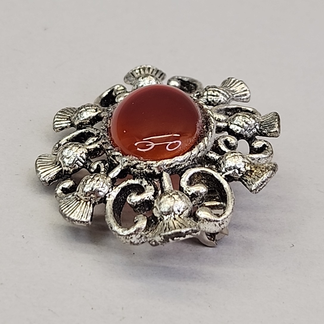 Vintage Carnelian Brooch Orange Stone Silver Tone Scrollwork Oval 1 5/8″