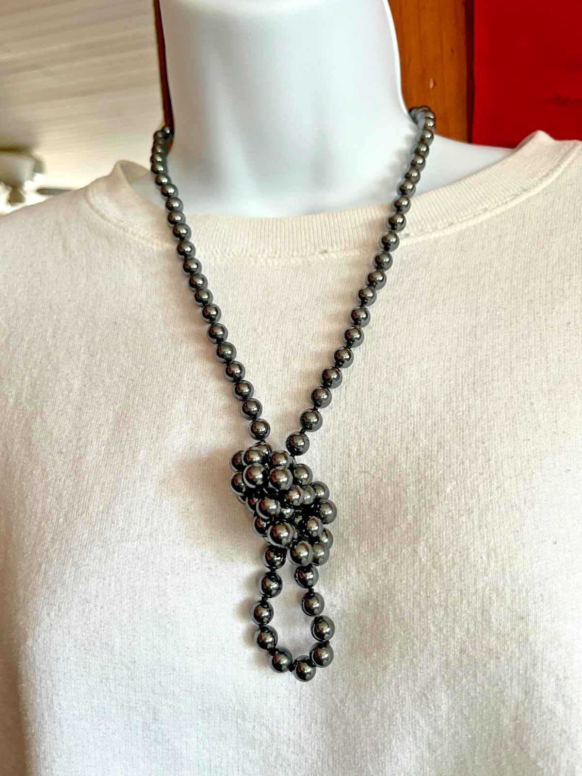 Hematite Vintage 36” Round Beaded Necklace Vintage 80s Semi-Precious Stones