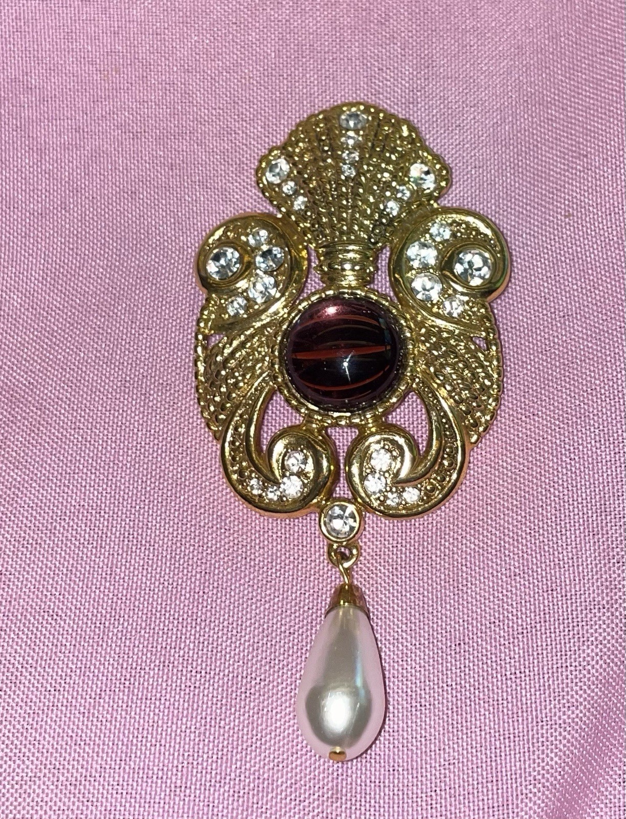 Vintage Jeff Lieb Gold Clear Crystal Pearl Cabochon Purple Stone 4” Brooch Pin