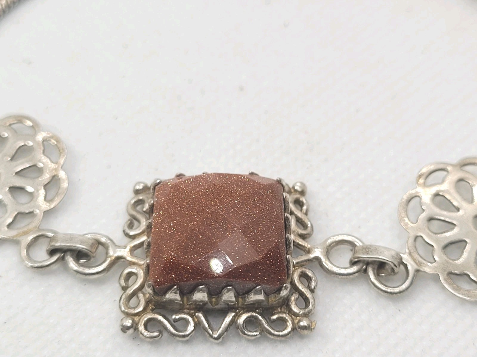 Vintage 926 Felegree Silver Goldstone Braslet 7.5in