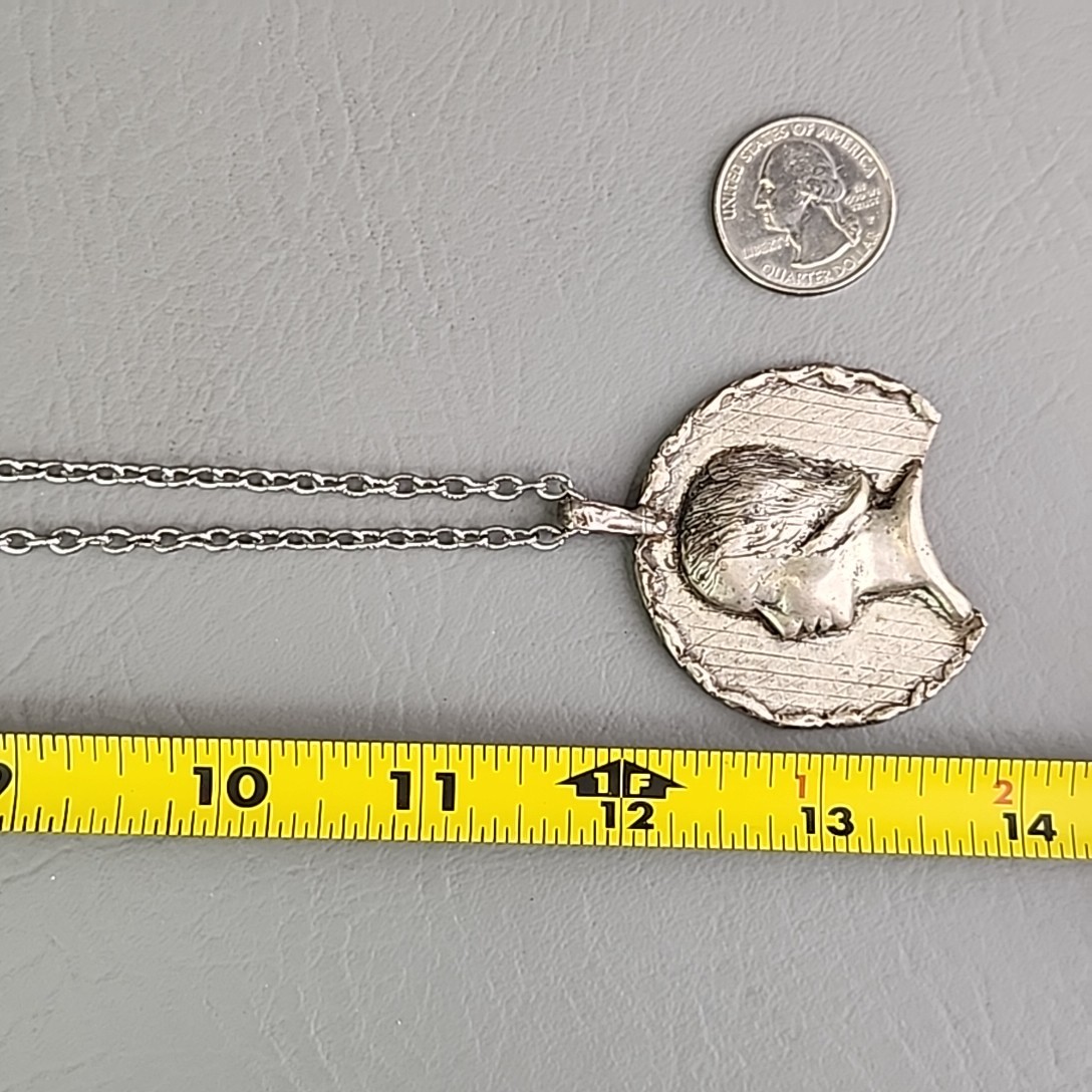 Vintage Lady Profile Necklace Repousse Silver Tone 23.5″