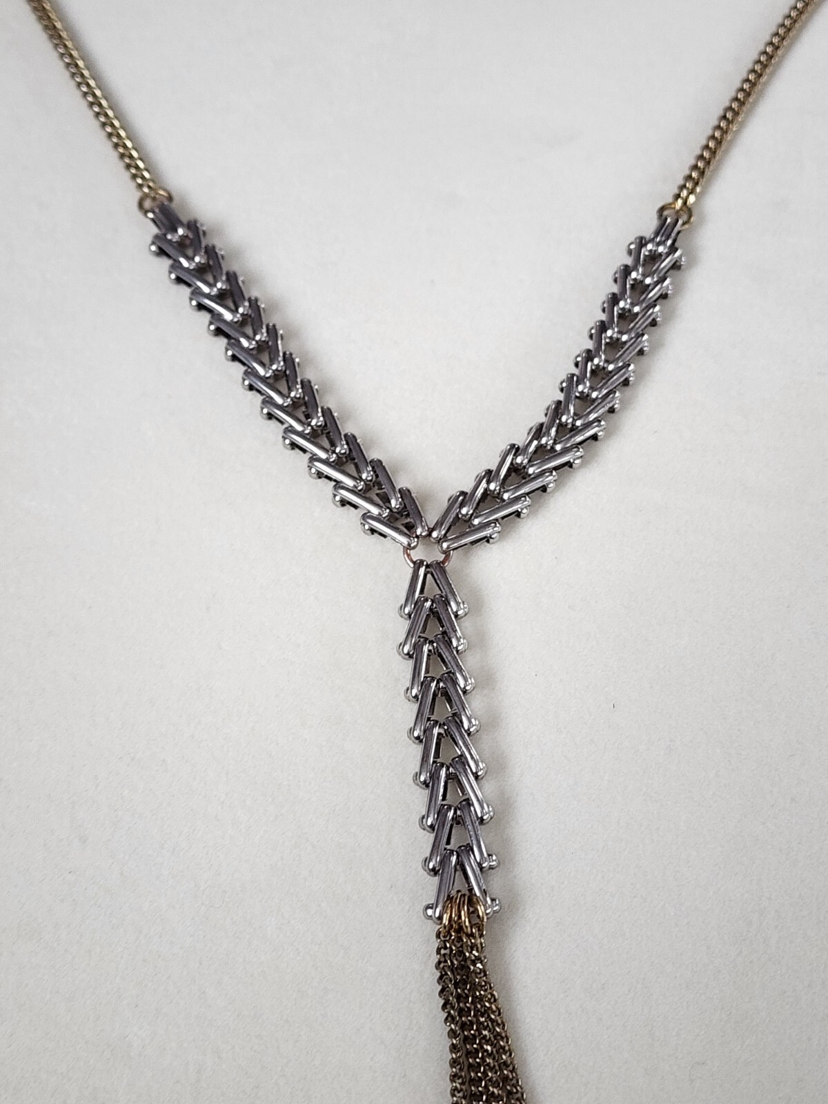 Signed Hinged Chevron Link & Curb Chain Y Statement Necklace Mixed Metals