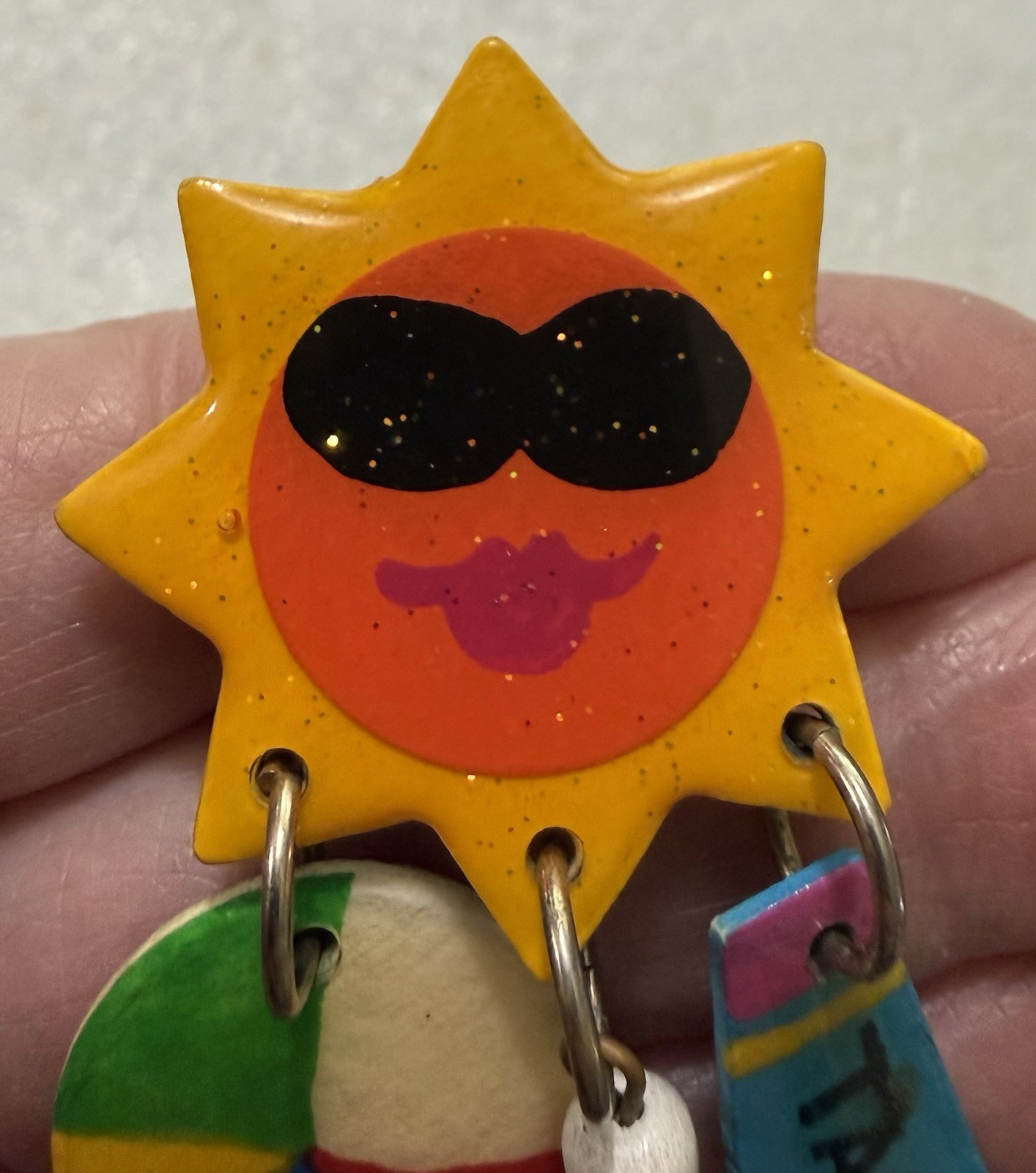 HUGE 1980s Wearable Folk Art Signed Mari SUN BEACH FUN Mixed Media Clip Earrings