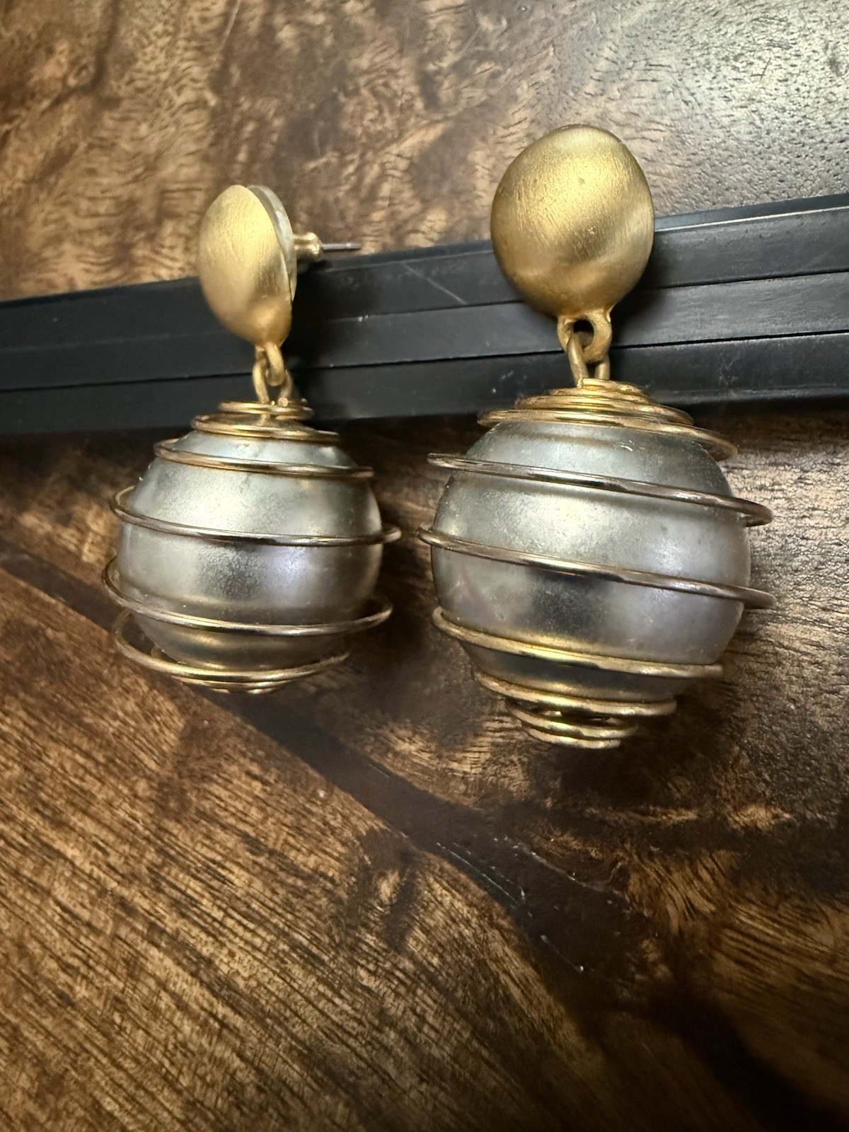 Givenchy Paris New York Brushed Gold and Silver Caged Ball Pierced Earrings