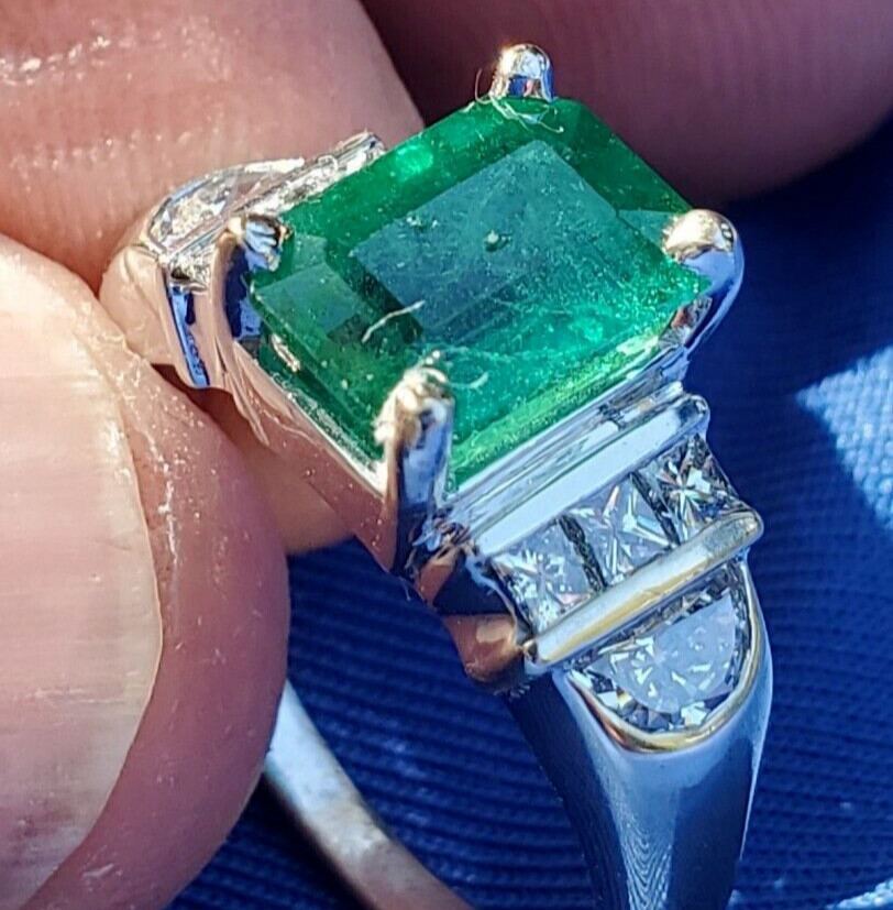 Original EARTH MINED EMERALD DIAMOND Deco Engagement Ring 14K GOLD Solitaire S 7