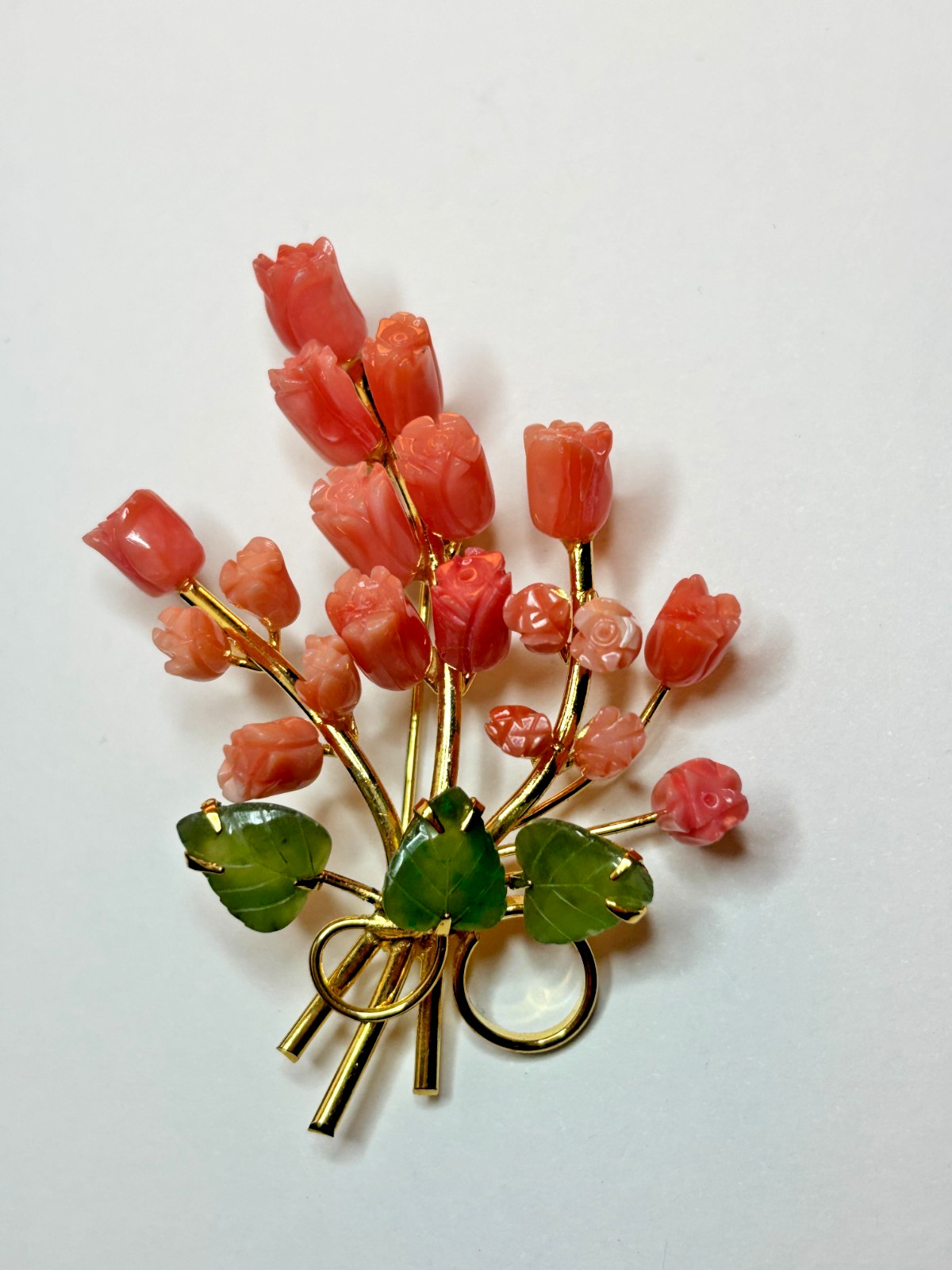 VINTAGE Brooch Bouquet Genuine Coral Pink Carved Roses Jade Leaves Gold Angelskn