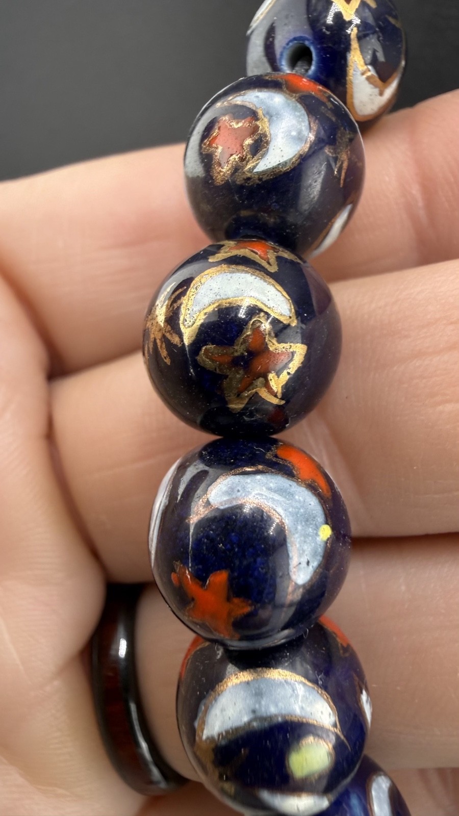 Vintage Glass Beaded Bracelet Stretch Marble Star Moon Sun Celestial 6.5”