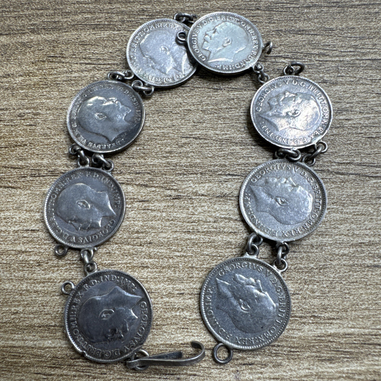 Antique British 3 Pence Sterling Silver 8 Coin Bracelet 1906 – 1921 King George