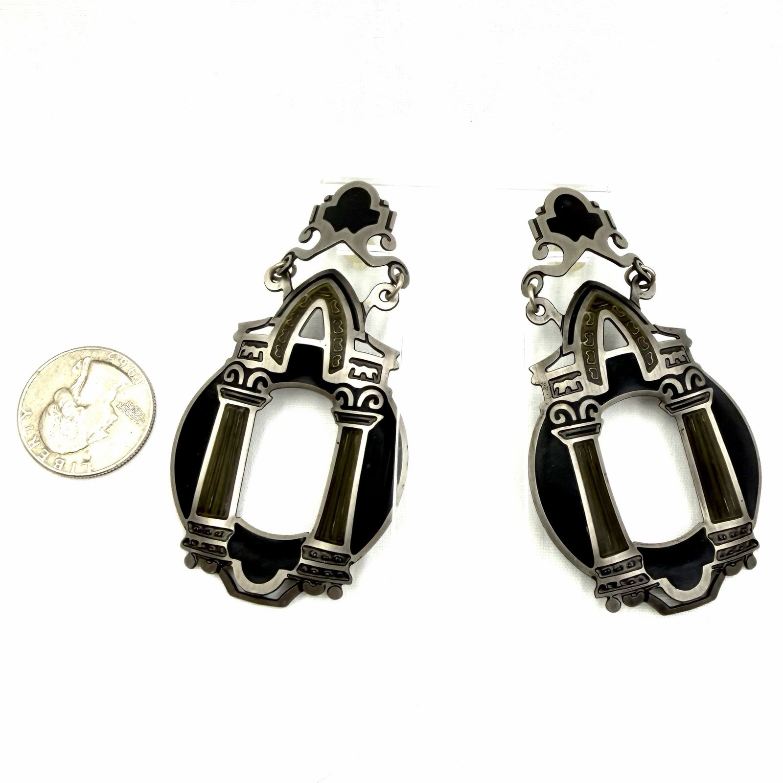 EDGAR BEREBI Earrings Silver Black Enamel Drop Dangle Post Stud