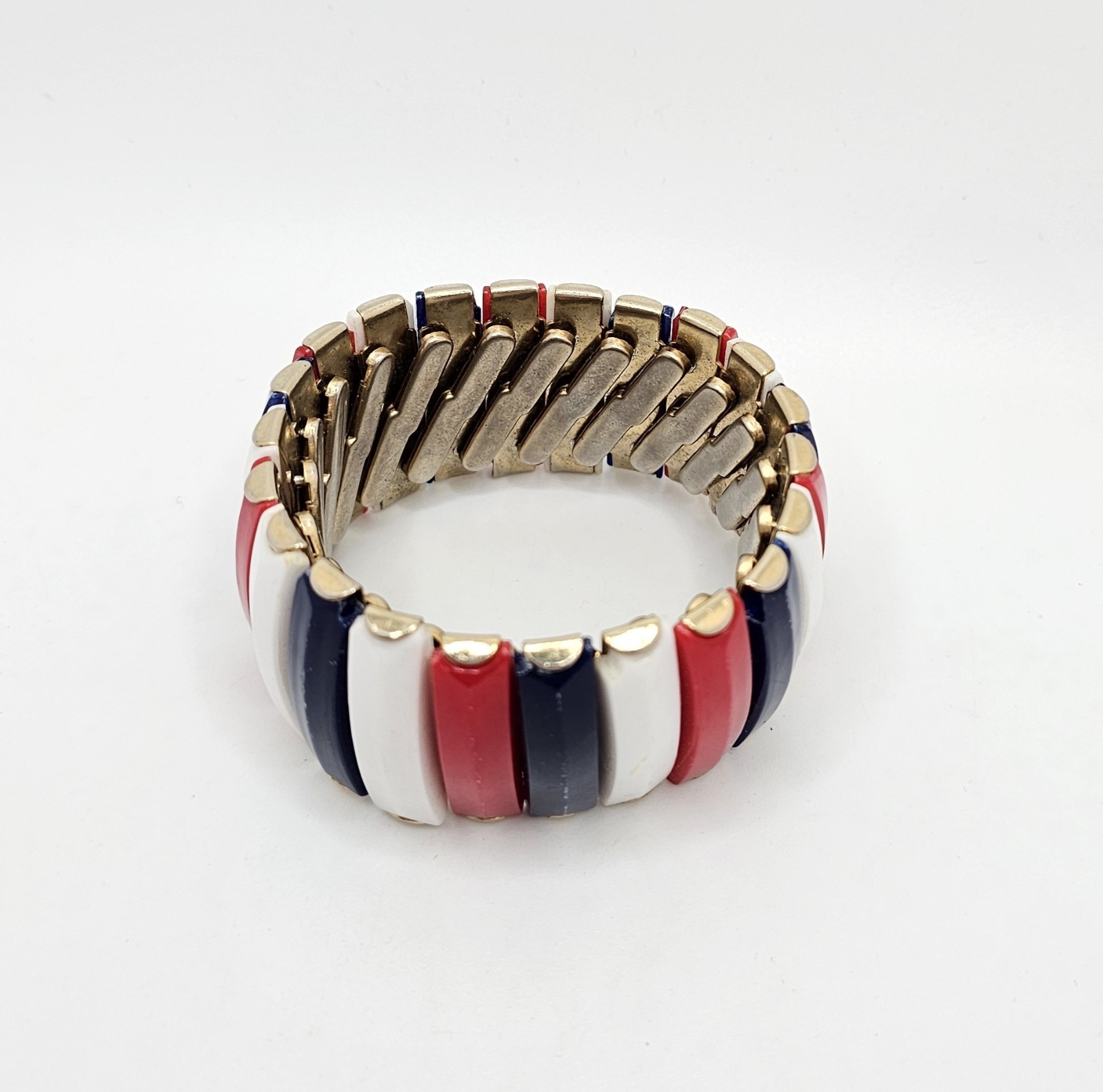 Vintage HONG KONG Red White Blue Lucite Gold Tone Expandable Accordian Bracelet