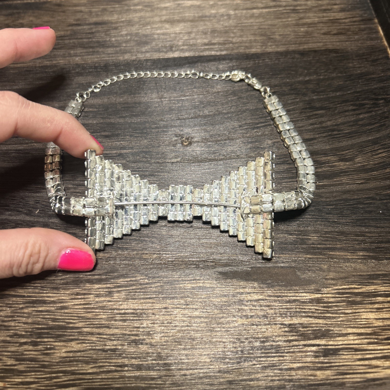 Necklace Choker Bow Tie Rhinestone Silver Tone After 5 Statement Y2K 2000s