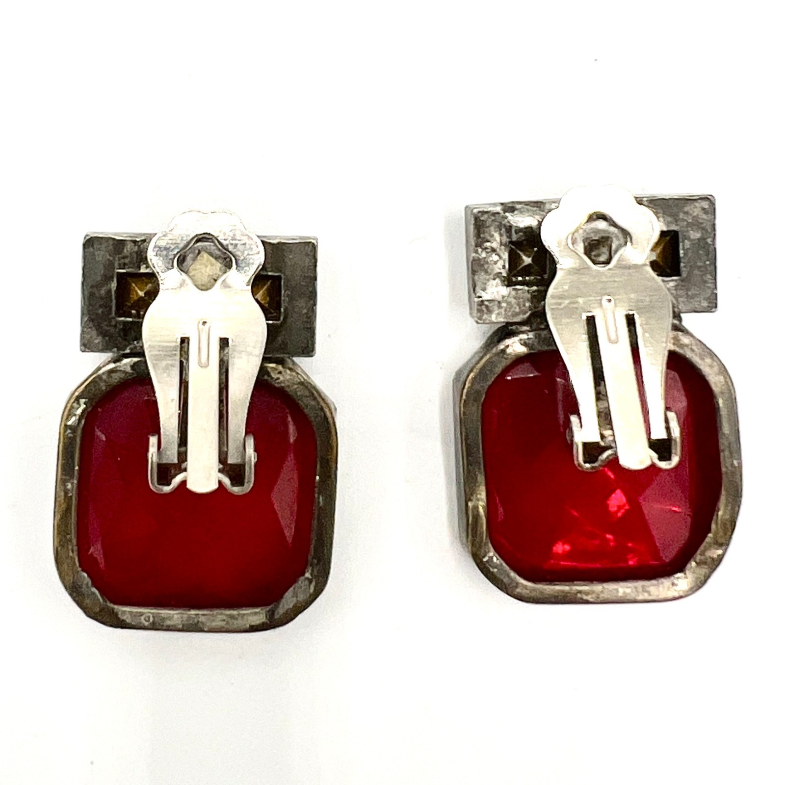 Vtg Art Deco Style Red Glass & Clear Crystal Clip-On Earrings Dramatic Geometric