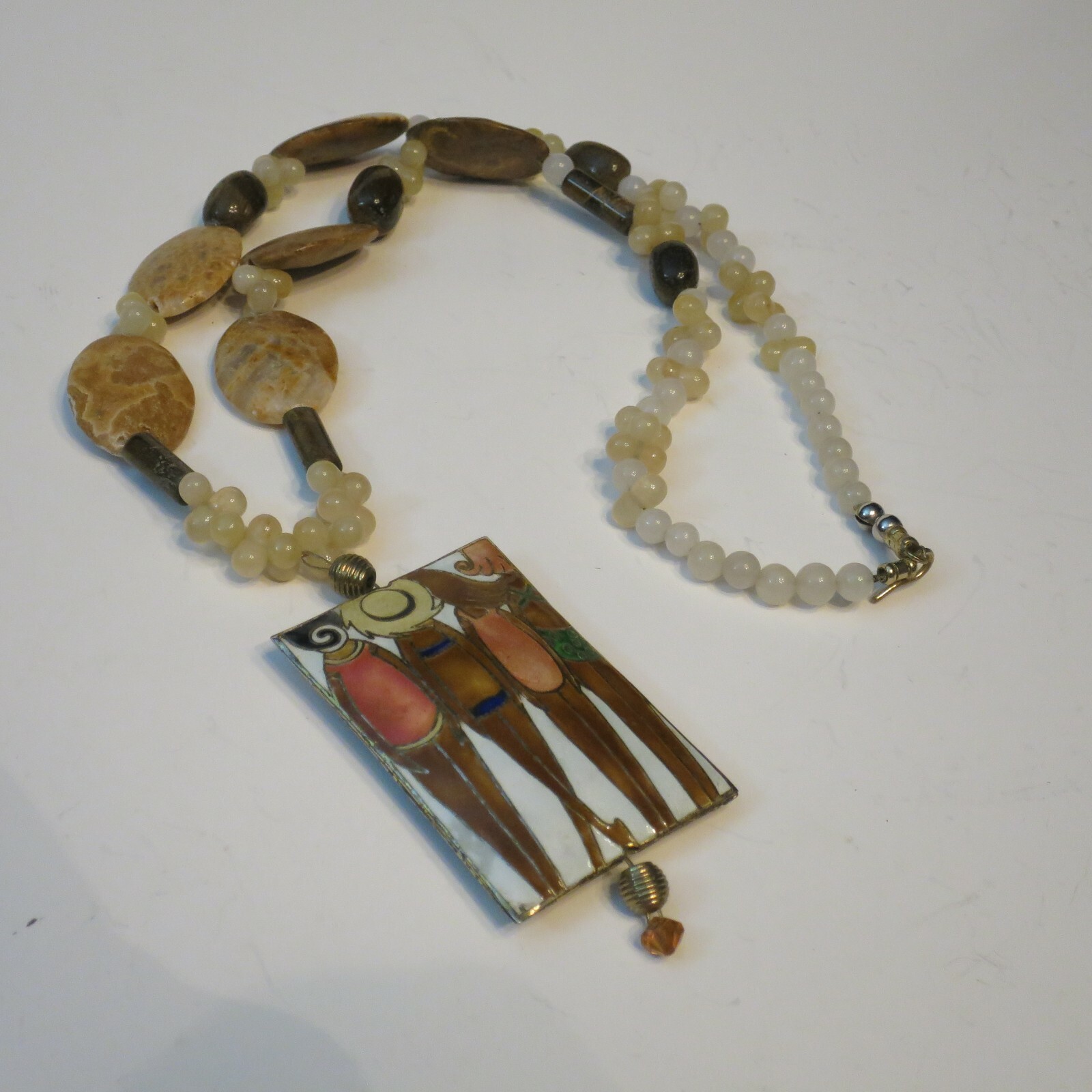 Art Deco Girls at Beach Cloisonne Stone Bead 24” Long Necklace Swimsuit Gold