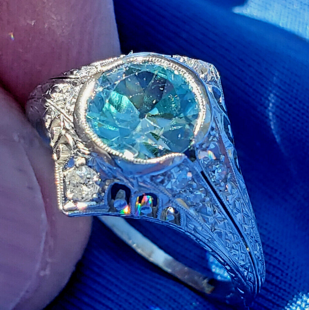 NATURAL EARTH MINED Blue Zircon DIAMOND PLATINUM ORIGINAL DECO Engagement Ring 8