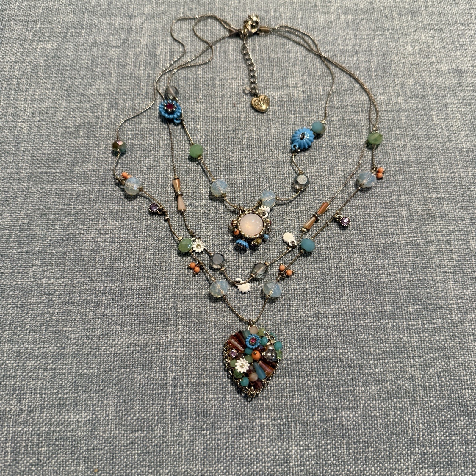 Betsey Johnson Triple Strand Necklace Beaded Multi Floral Heart Crystal Signed