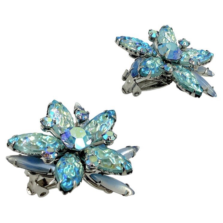 Vintage Judy Lee Blue Iridescent Glass Floral Clip Earrings AB Rhinestone 1960s