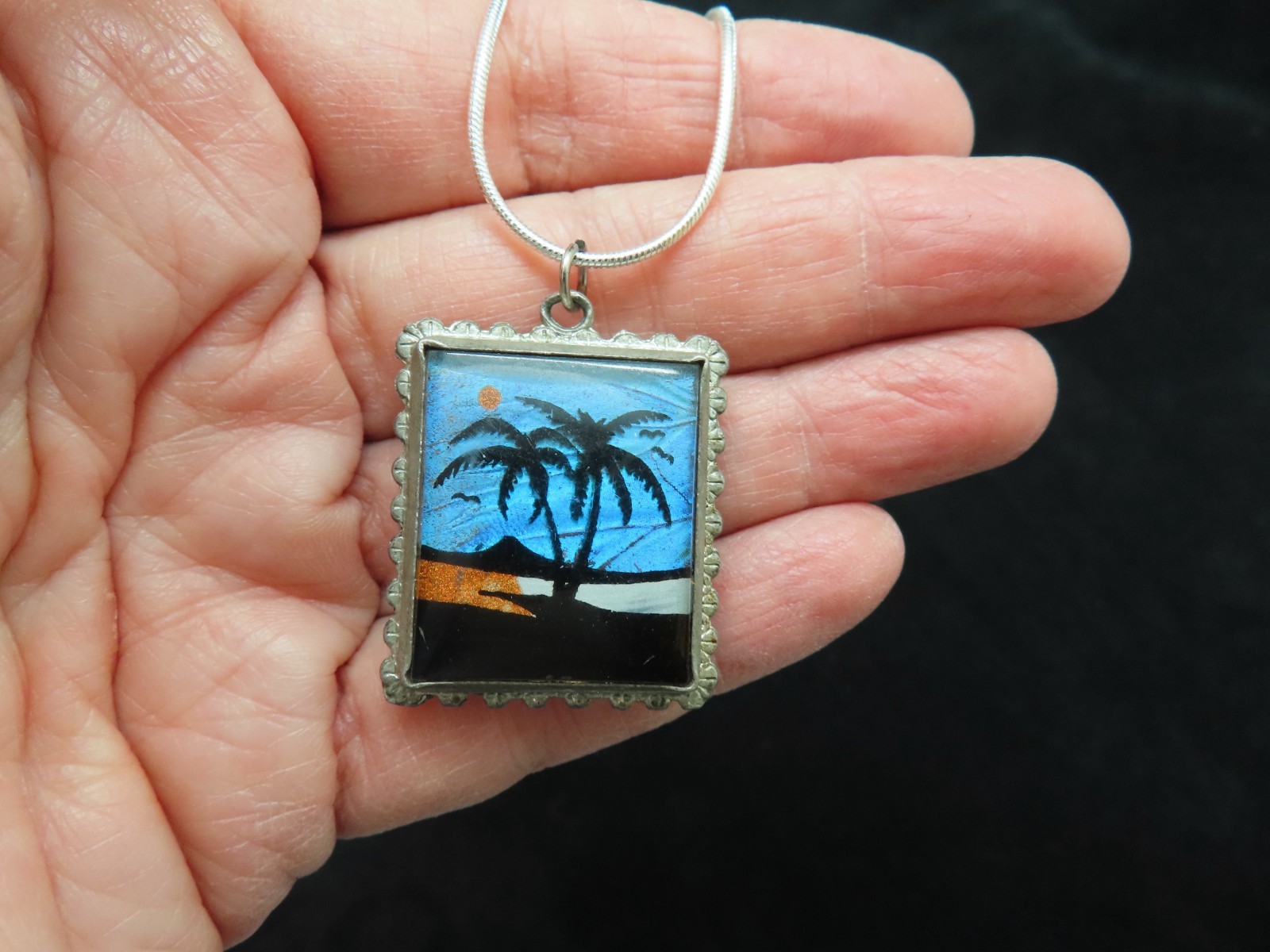 Vintage 1920’s Art Deco Reversible Butterfly Pendant Tree & Beach Scene