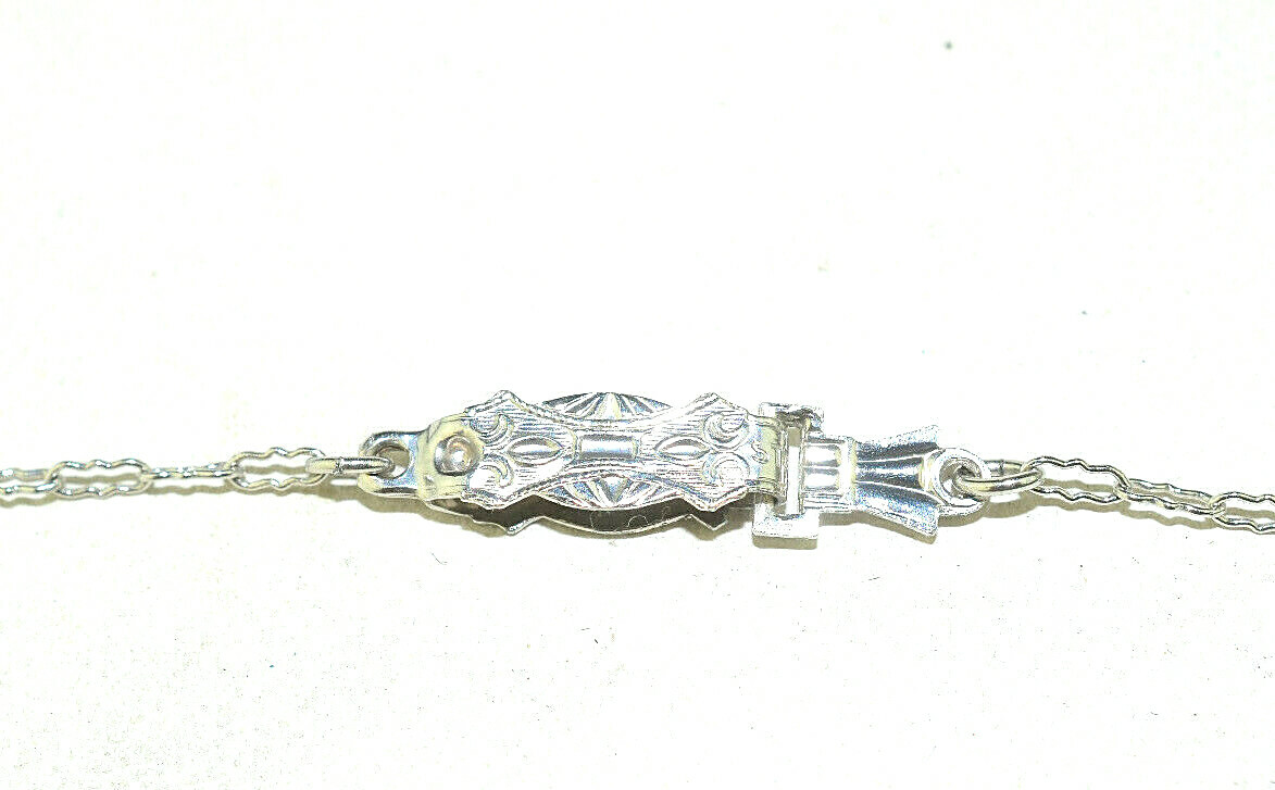 VTG 16″ STERLING SILVER FILIGREE NECKLACE LIGHT GREEN GLASS PENDANT FANCY CHAIN