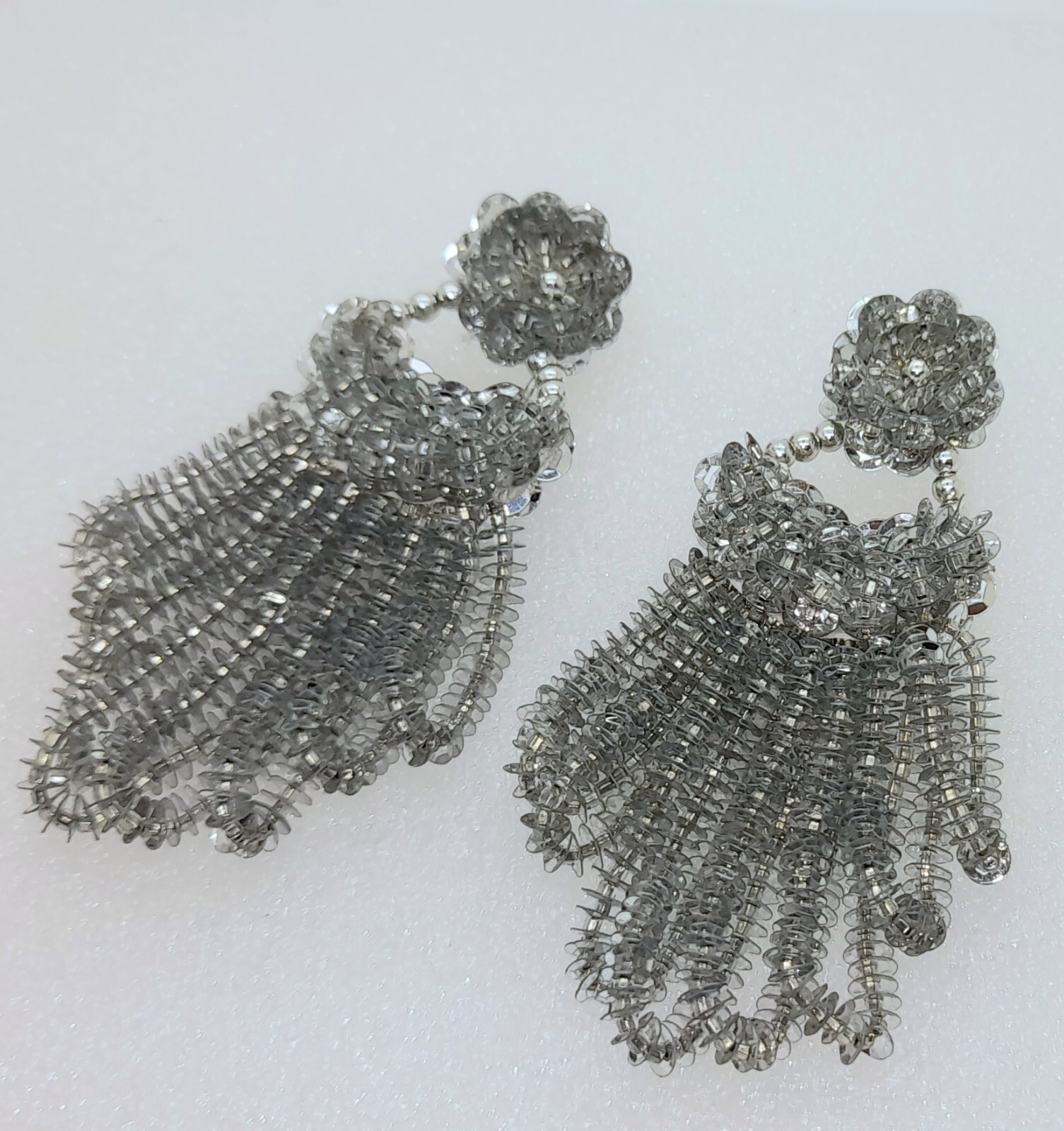 E304 Vintage long Handmade silver seed beaded sequins clip Drop fashion earrings