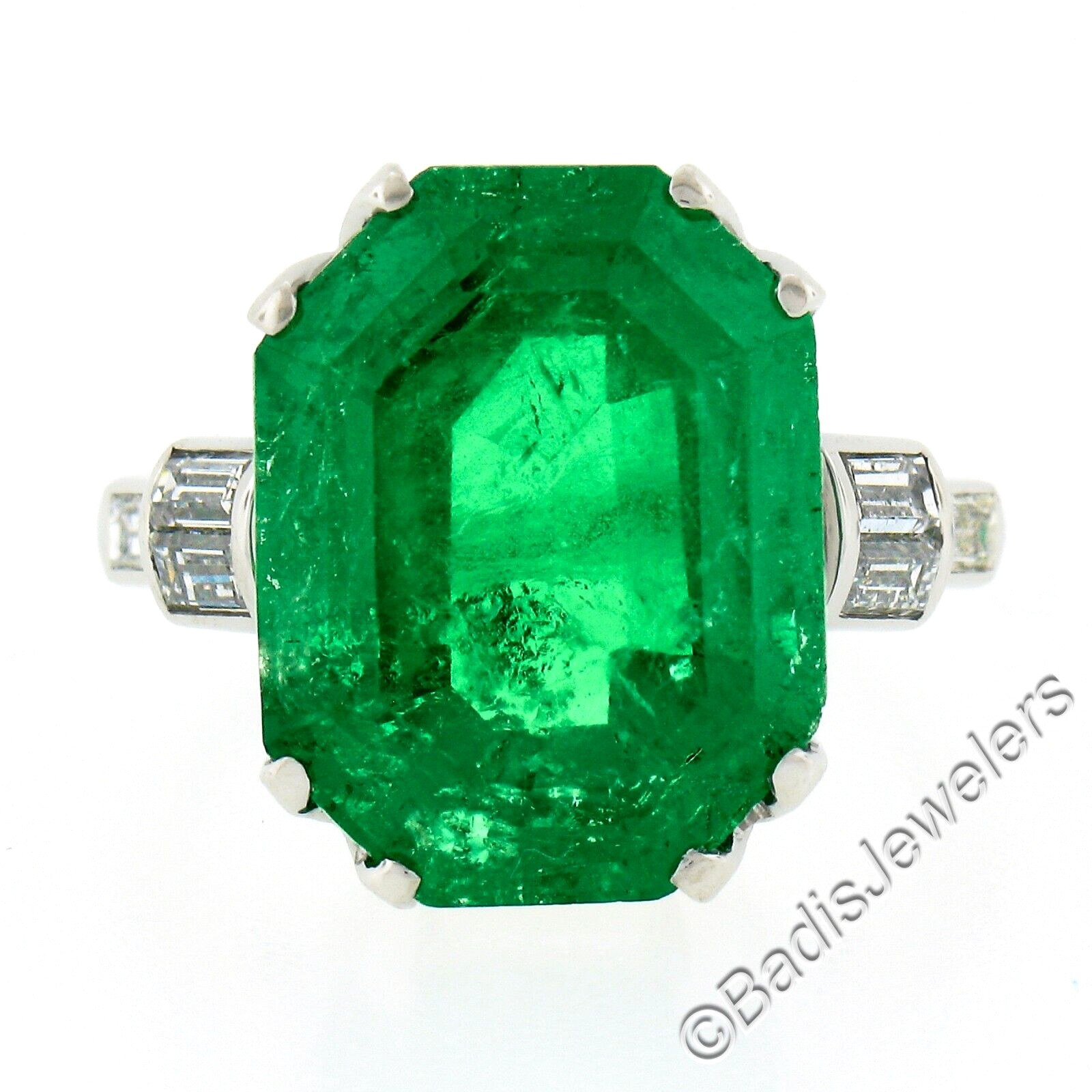 Vintage Platinum 12.16ct AGL Emerald Cut Colombian Emerald Diamond Cocktail Ring