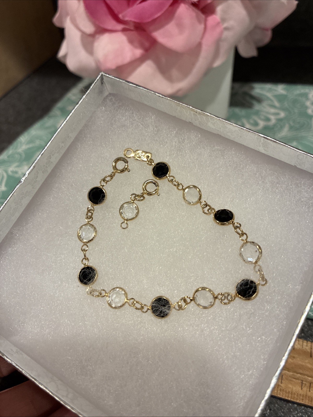 Vintage Swarovski Faceted Round Clear And Black Crystal Gold Tone Swan Bracelet