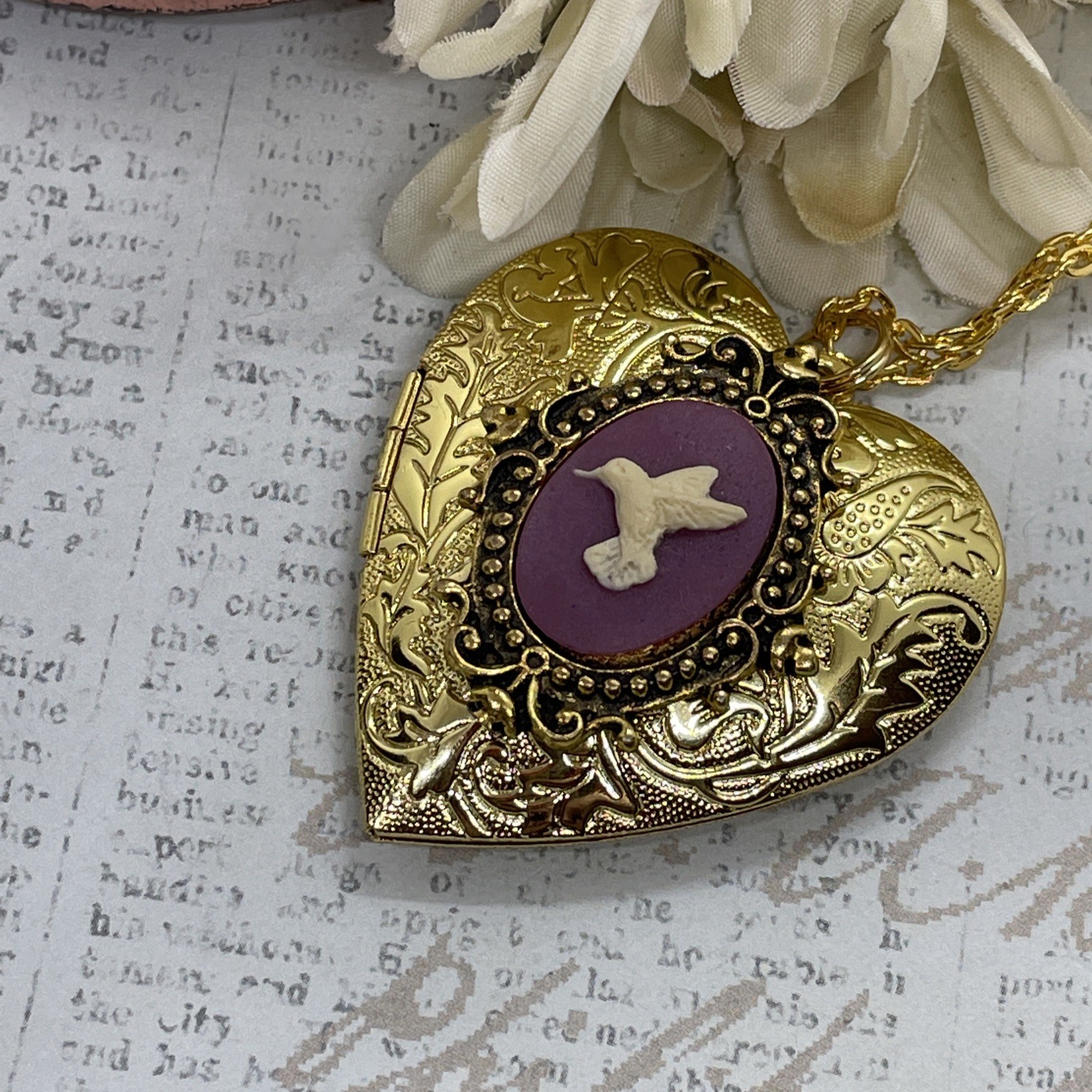 Gold Heart Locket Photo Birthday Anniversary Wedding Hummingbird Purple Necklace