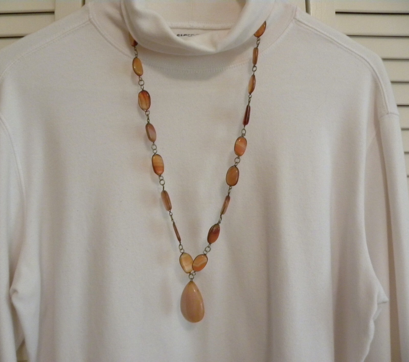 Vtg Polished Banded Agate Necklace Teardrop Pendant Chained Slices 30″ Long