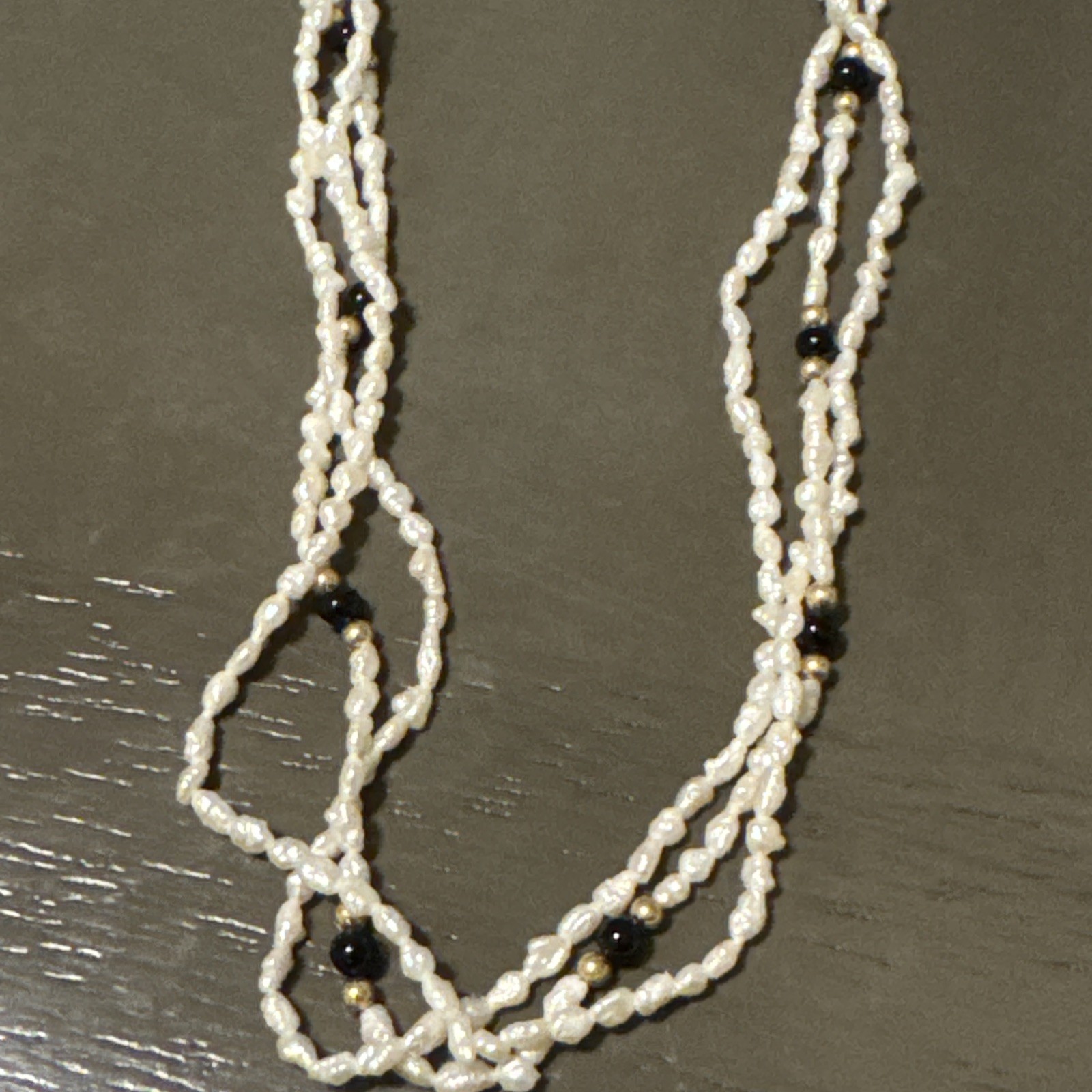 Vintage Triple Strand Rice Seed Pearl & Black Onyx 17” Necklace