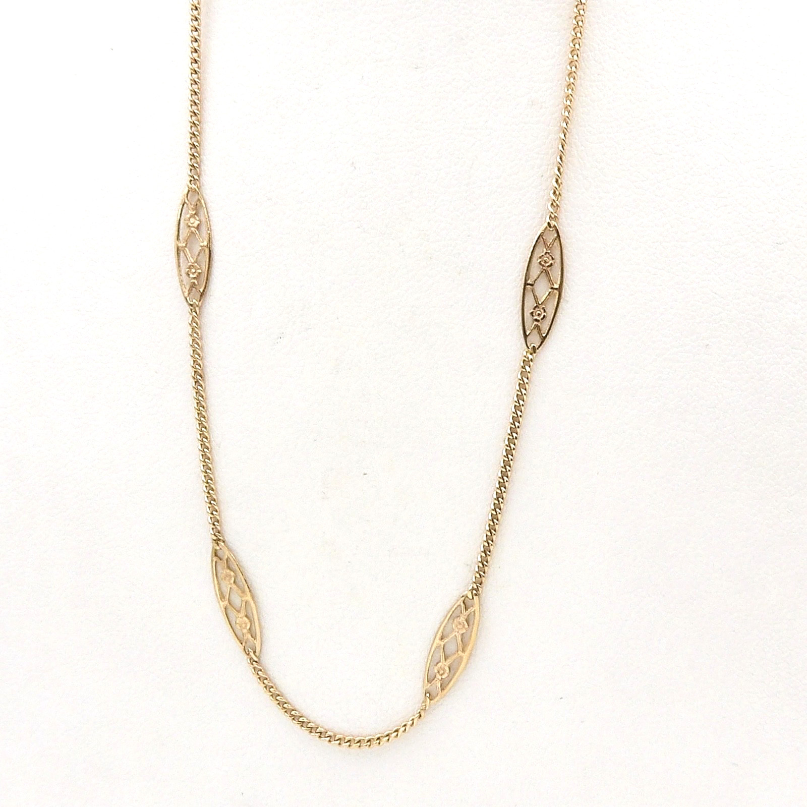 Solid 10k Gold Cable Link Infinity Floral Stations Chain Necklace 20in Vintage