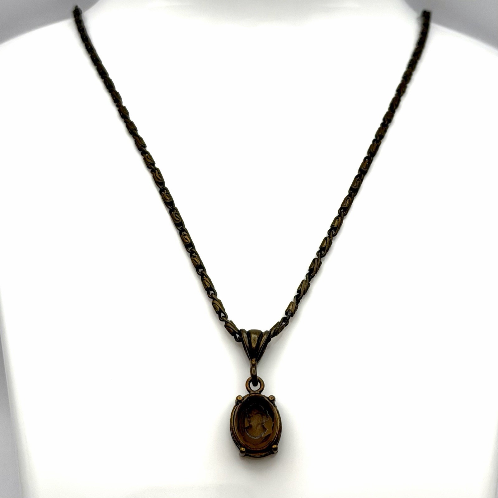 Extasia Signed EXT Vintage Style Bronze Fob Pendant Necklace Smoky Brown Glass