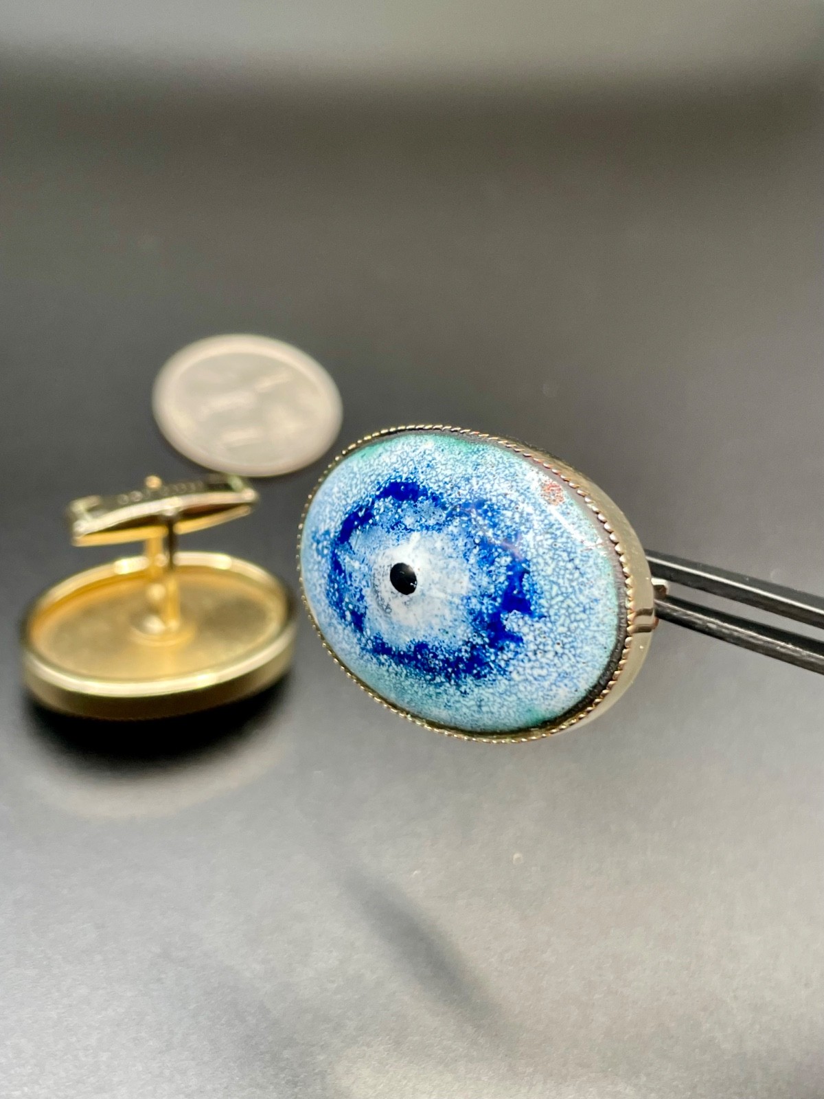 Vintage Mid Century Modernist Enamel Oval Silver Tone Cufflink Blue Evil Eye