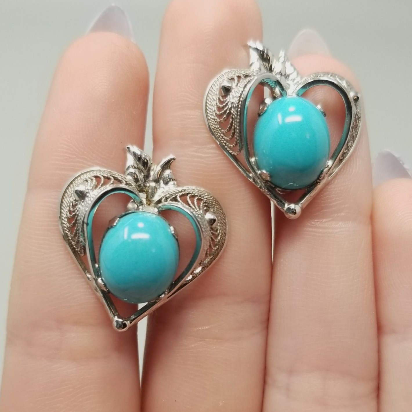 Vintage Sterling Silver Blue Cabochon Filigree Heart Clip On Screw Back Earrings