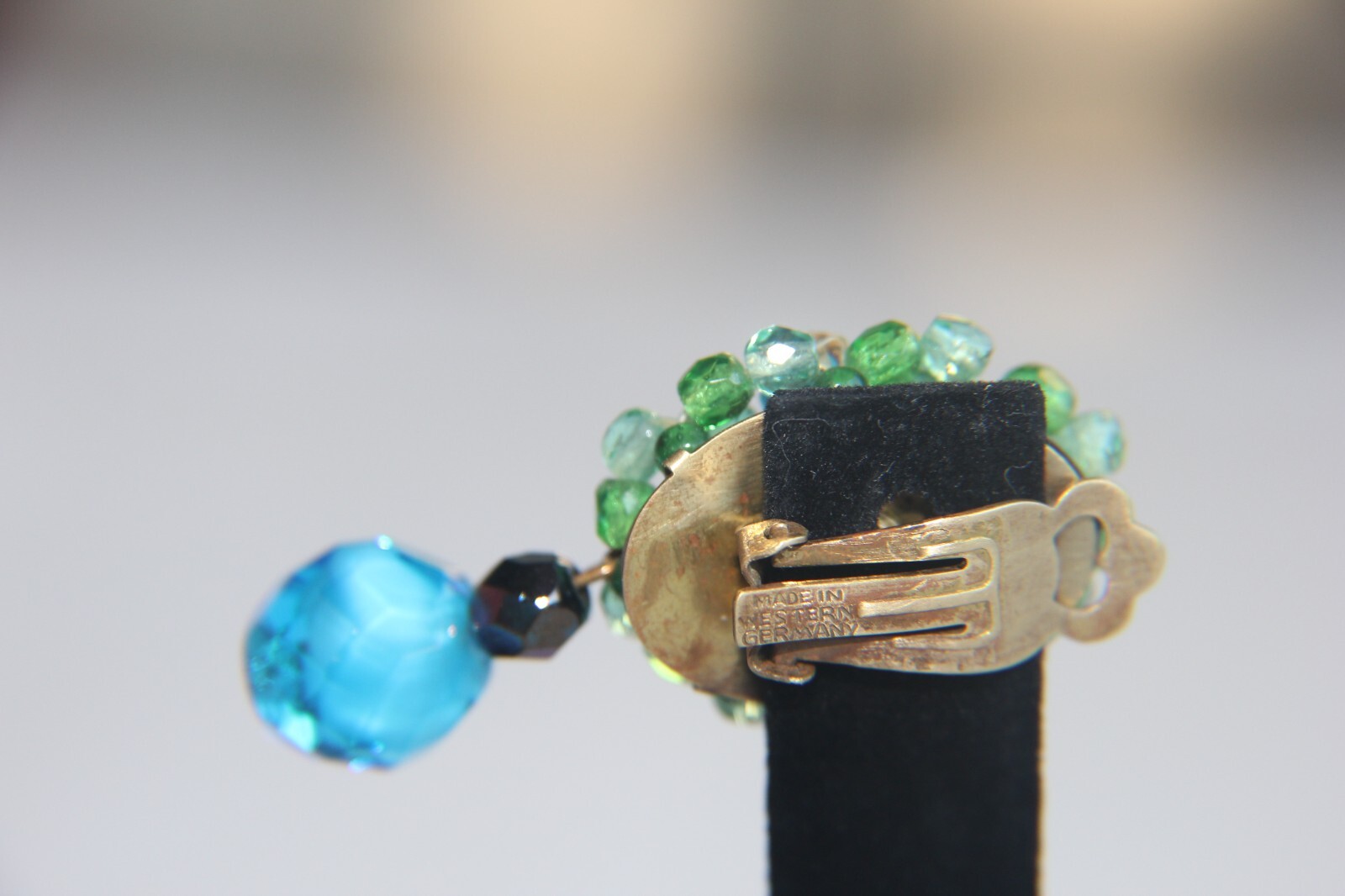 Vintage W Germany Dangle Cluster Clip Earrings Blue & Green Glass Faceted Beads