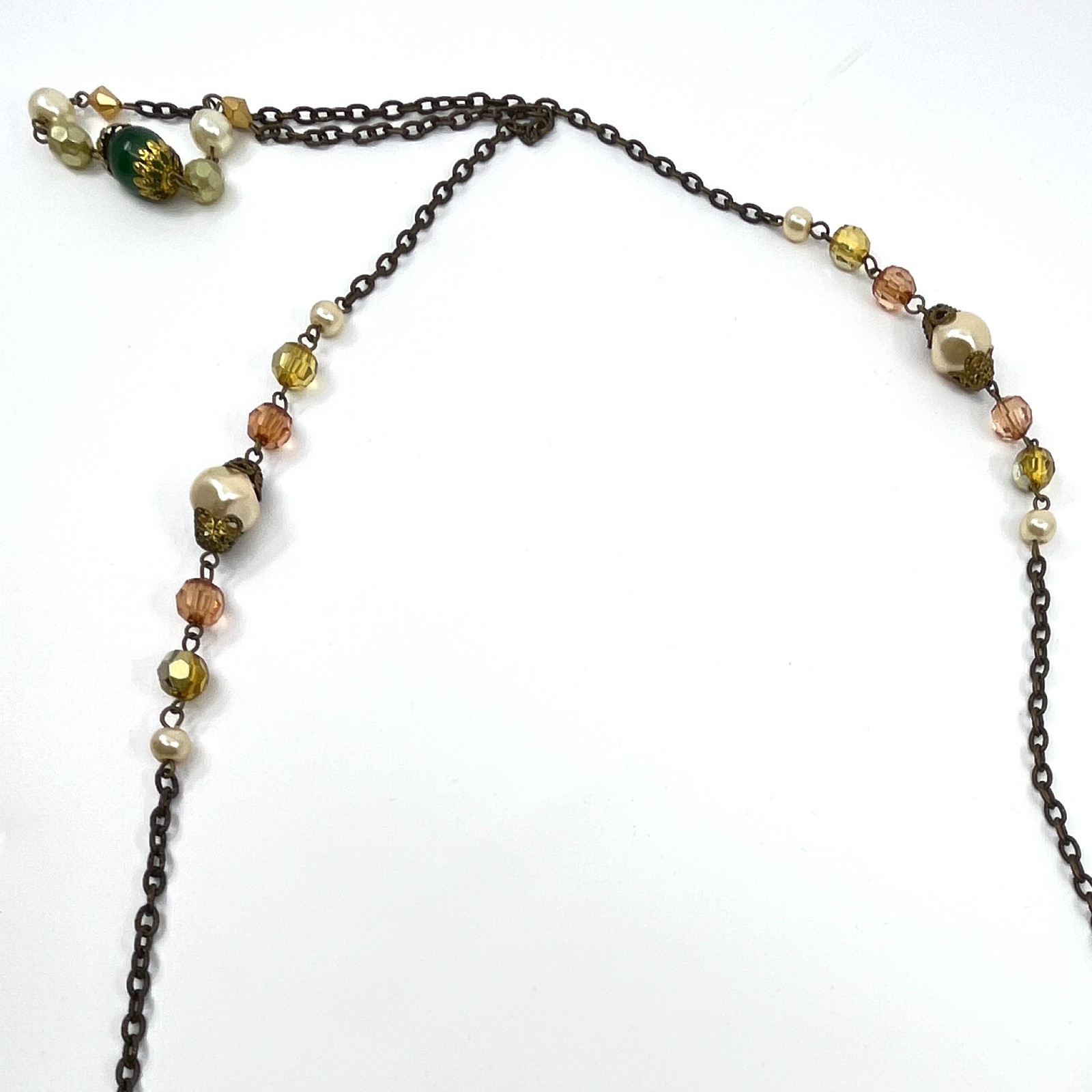 Vintage Earth Tone Beaded Necklace Green Gold Faux Pearl Bronze Tone Chain Retro