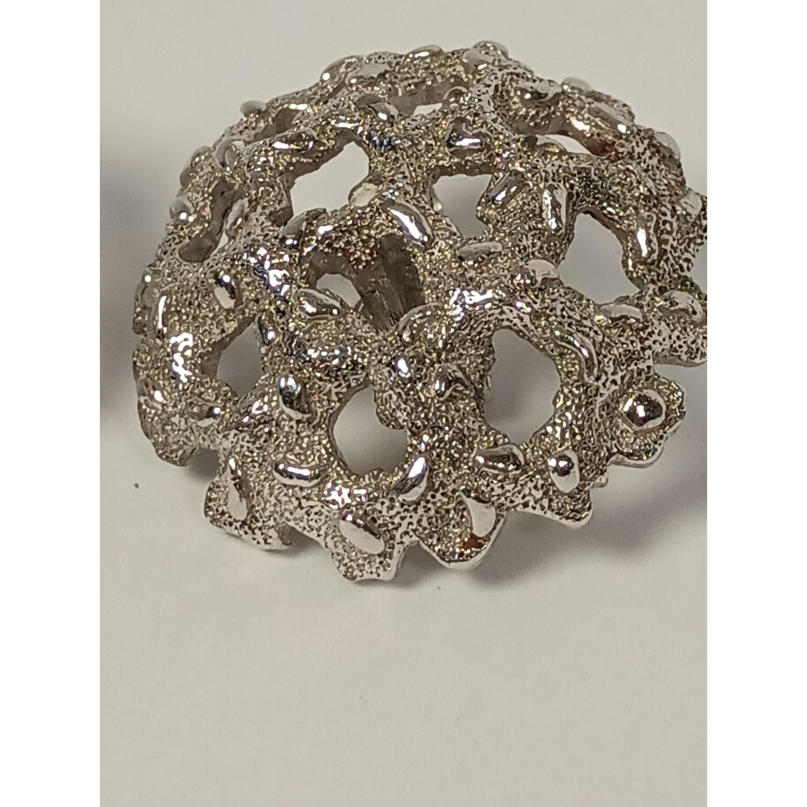 Vintage Crown Trifari ClipOn Earrings Textured Openwork Silver Tone Dome 50s,60s