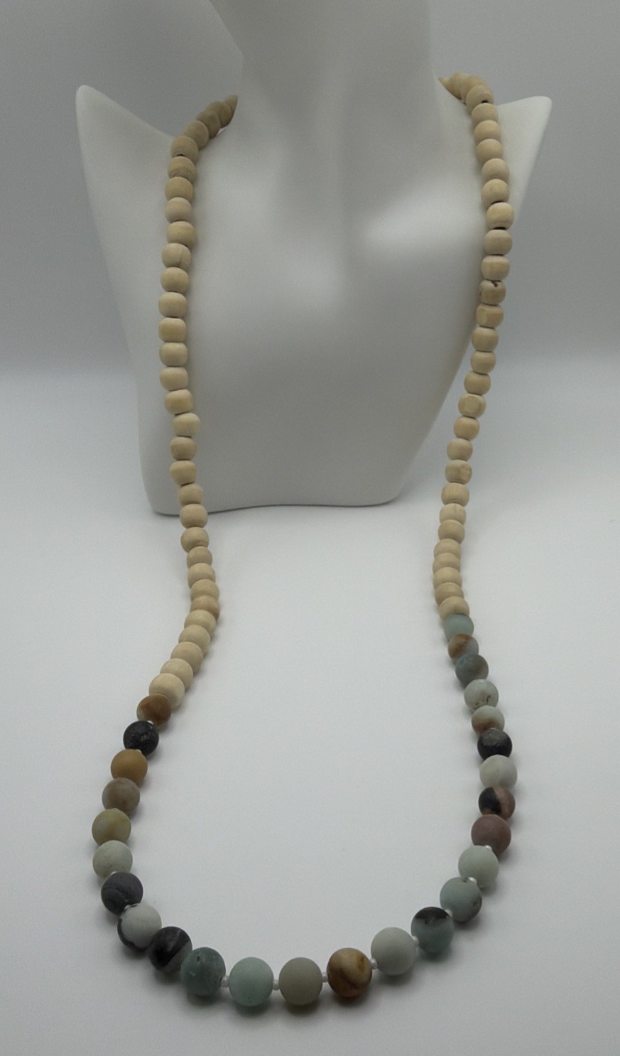 Natural Matte Amazonite And Wood Bead Necklace 34” With 2.5” Extender Boho