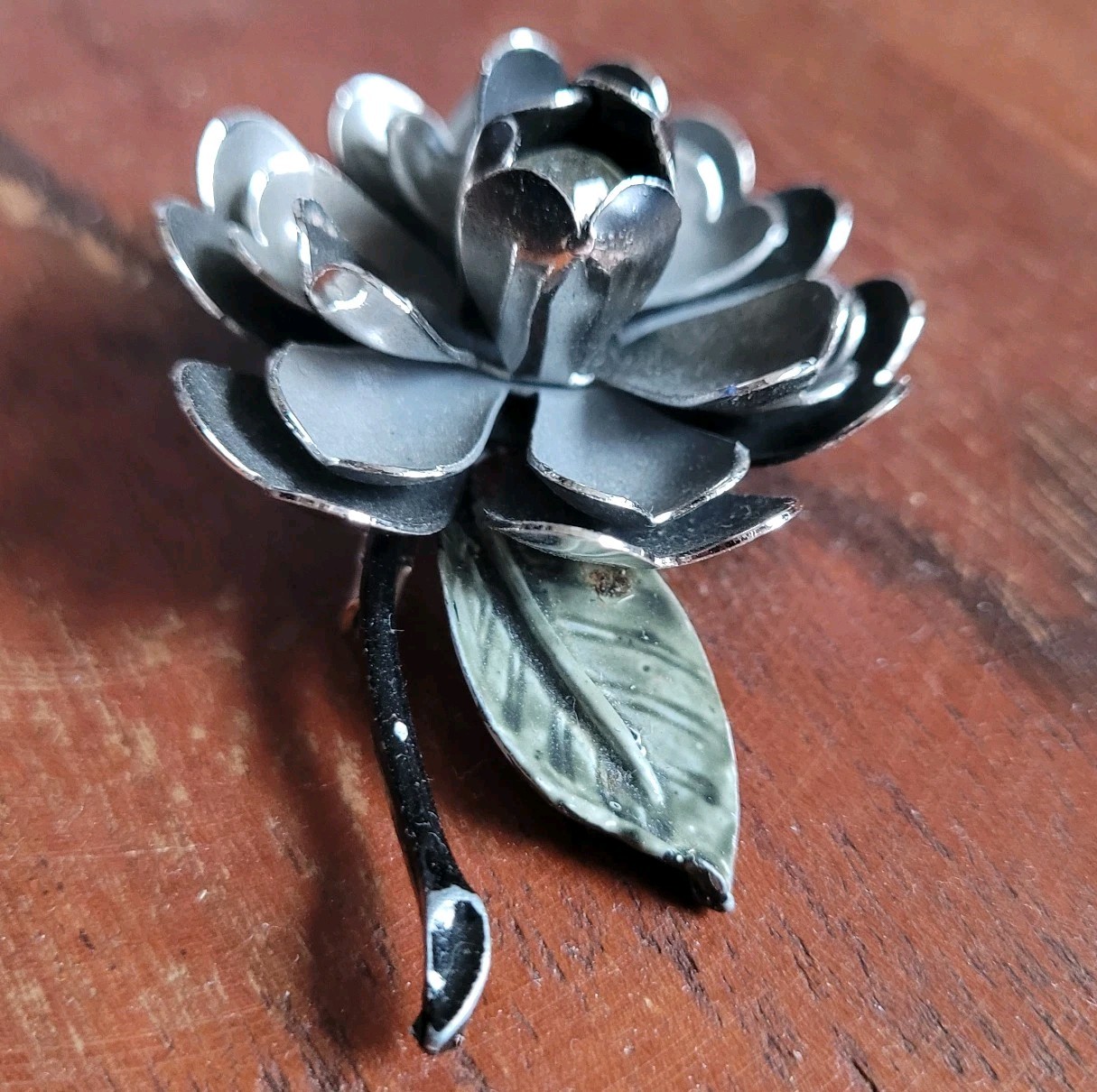 Coro Vintage Enamel Brooch Gothic Floral Pin Black & Silver Gray 1950s Botanical