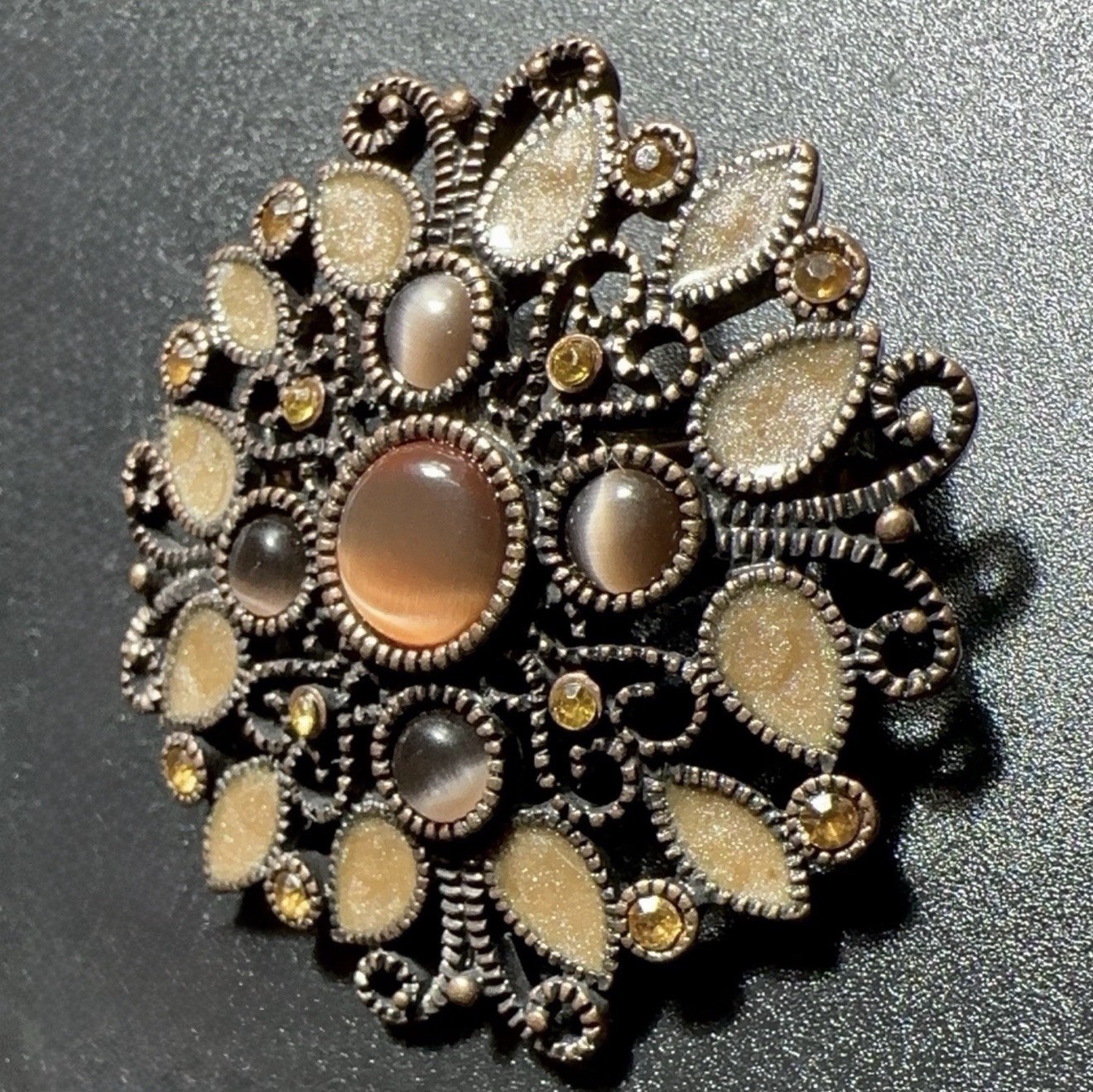 Vintage Bronze Color Cabochons Enamel Filigree Style Domed Brooch