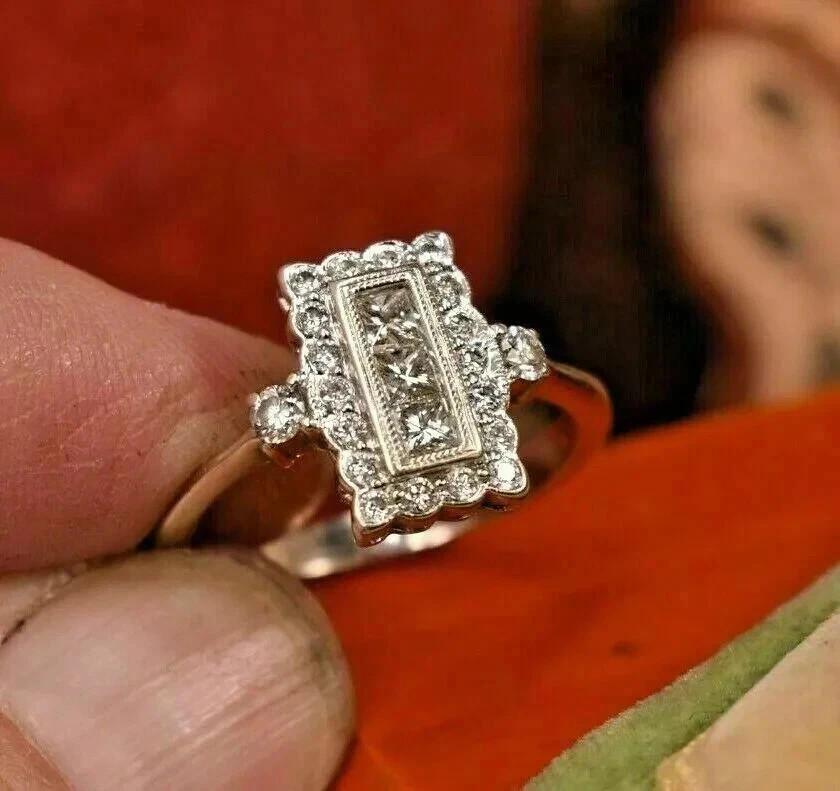Art Deco Style Princess Lab Created Diamond Wedding Gift 14K White Gold FN Ring
