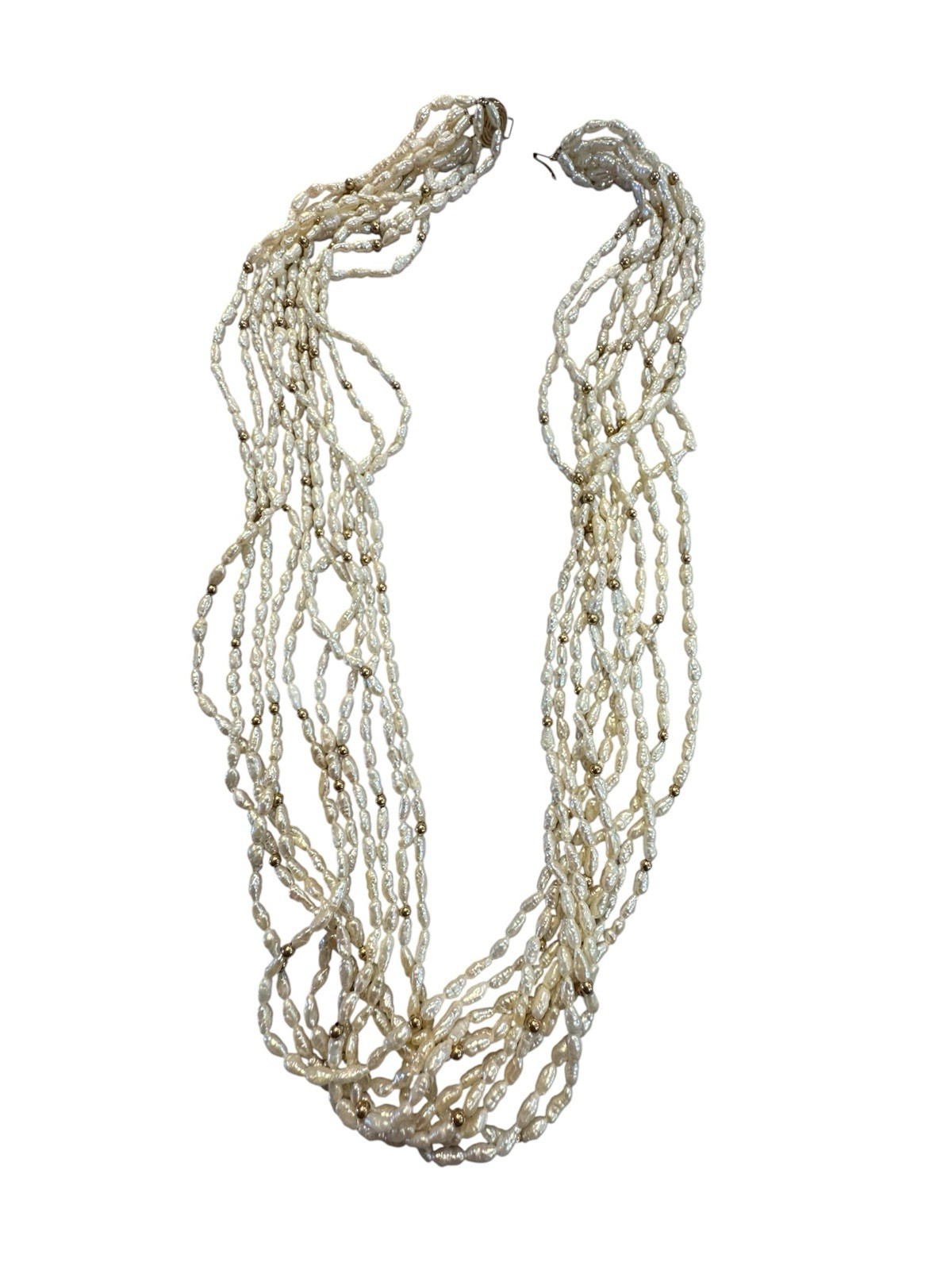 24” Multi-strand Freshwater Pearl 14k Gold Clasp Necklace Gold Beads 10 Strands