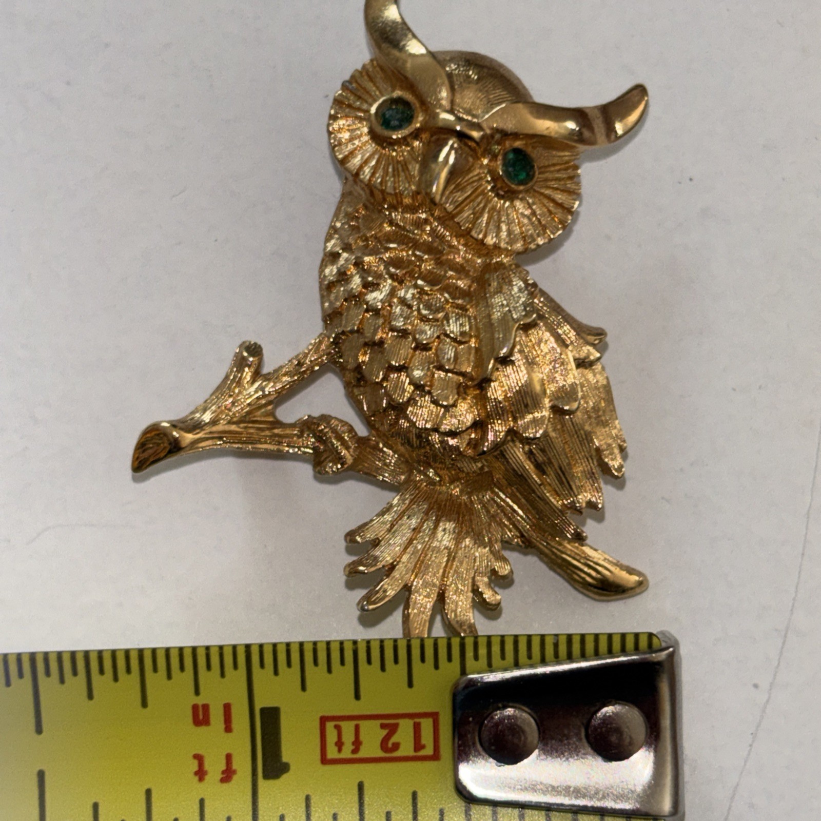 Vintage MONET Owl Brooch Pin with Green Rhinestone Eyes Gold Tone Setting