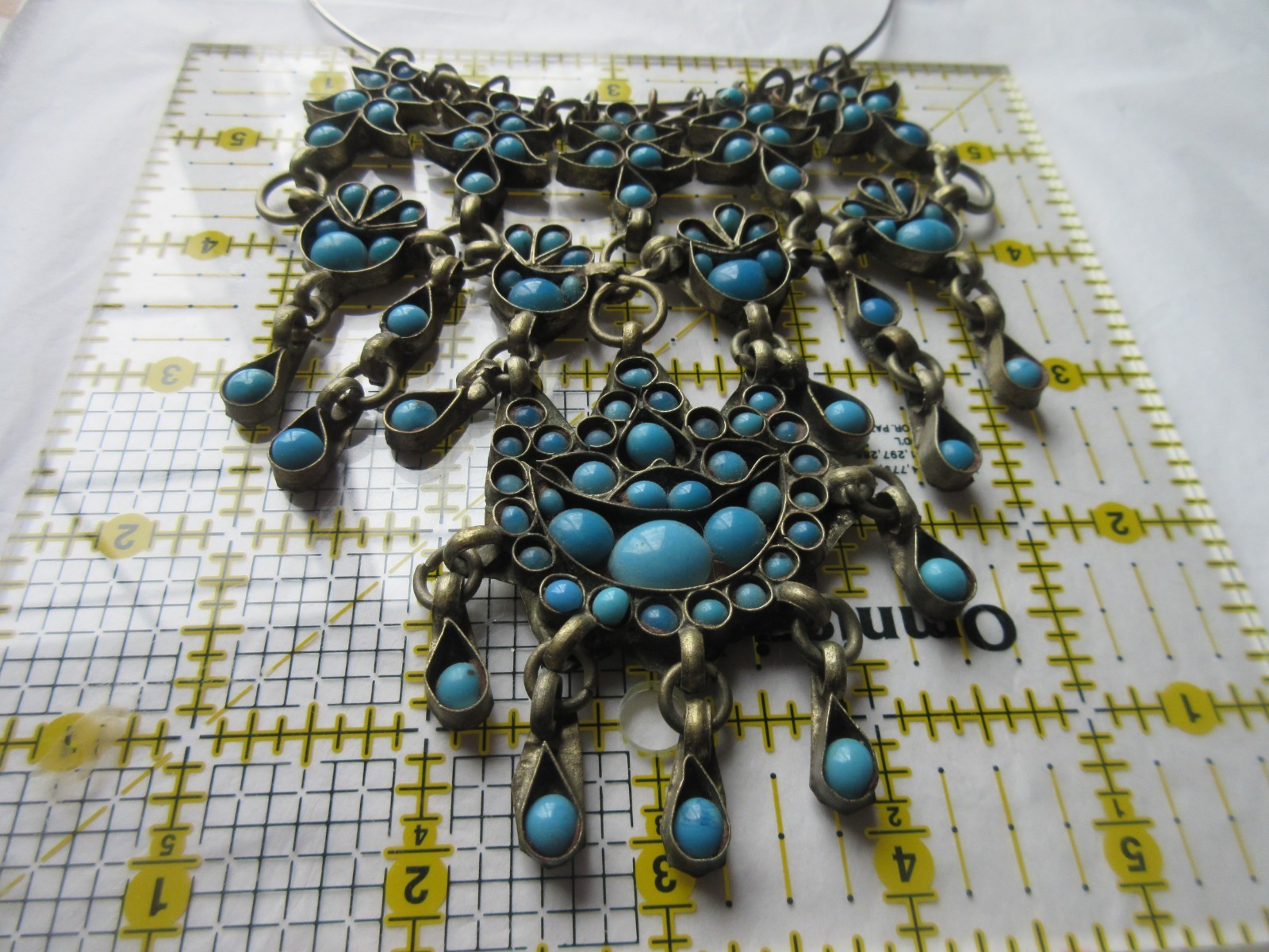 Tribal Choker BIB Style Turquoise glass stones Dangles Brass on Silver Necklace