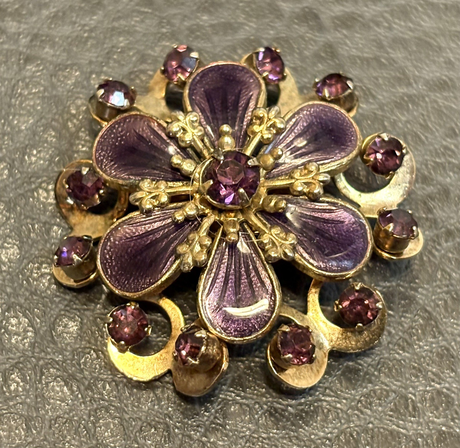 Vintage Faux Amethyst Guilloche Enamel Rhinestone FLOWER Shaped Pin Brooch