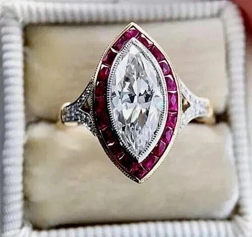 Art Deco Style Marquise Cut Lab Created Diamond 14K Yellow Gold FN Birthday Ring