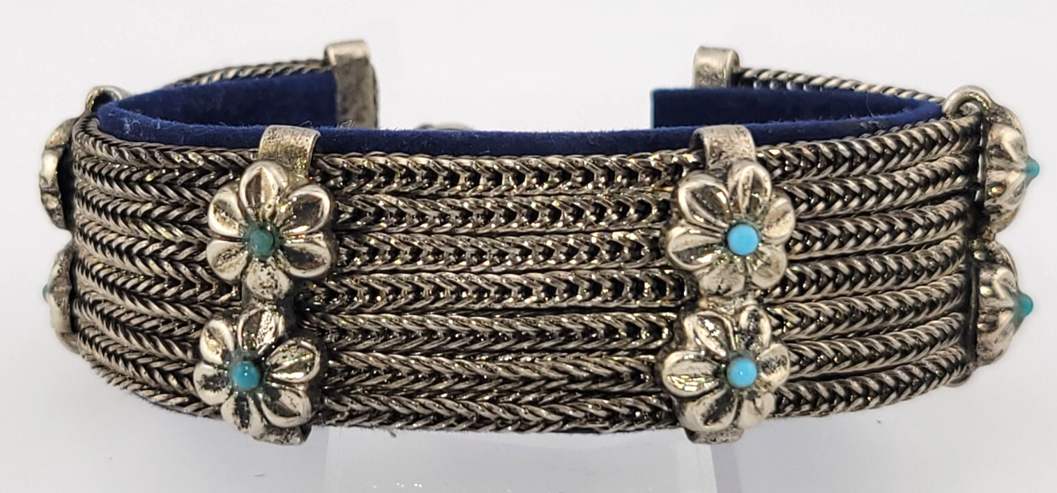 Vintage 7 Strand Snake Chain Turquoise Glass Flower Southwestern Bracelet 7-8.5″