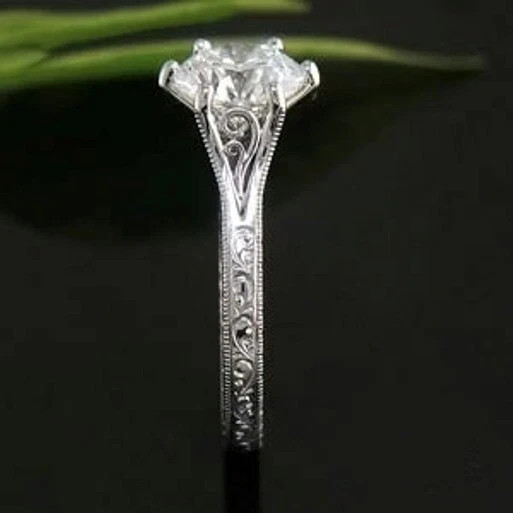 Art Deco Style Round Lab Created Diamond 14K White Gold FN Filigree Wedding Ring