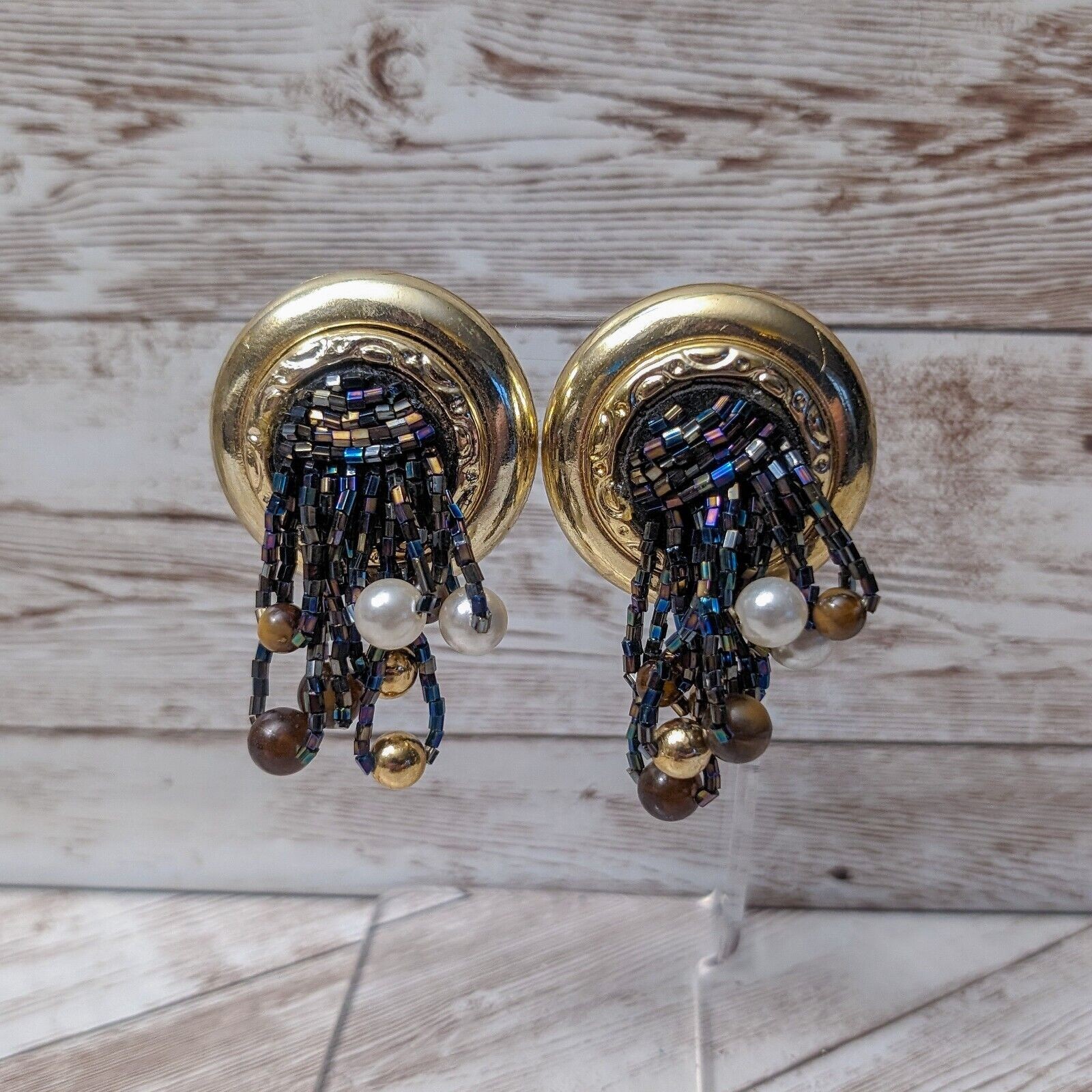 Vintage Clip On Earrings Extra Large Statement Earrings Beaded Dangle