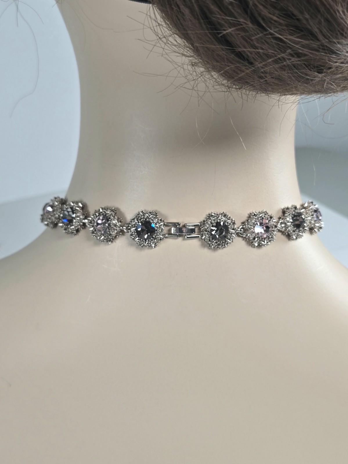 Pink & Gray Rhinestone Choker Necklace Silver Tone Dark Romance Jewelry